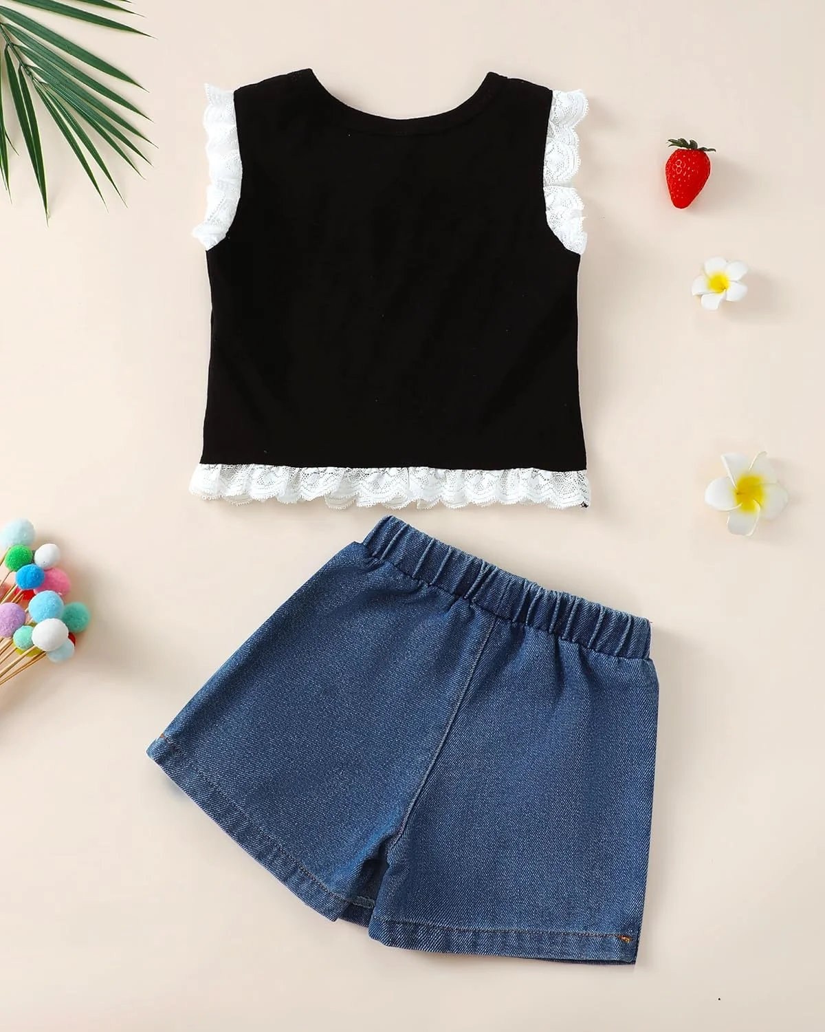 لباس دخترانه بچه گانه، تاپ رکابی، دامن شلوارکی جین، ست شورت برای دختران کوچک