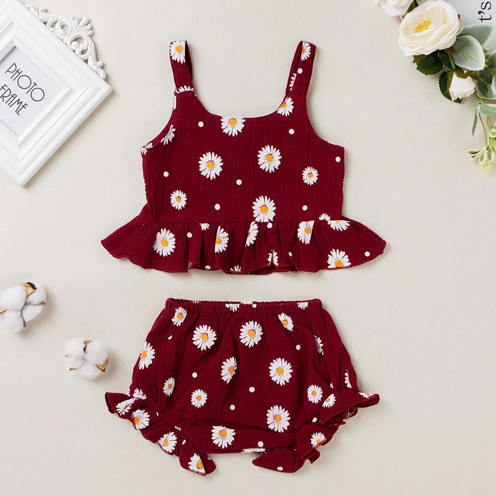 RUKOSU لباس بچه گانه دخترانه، تاپ نیم تنه رکابی چین دار گل بابونه و شورت بلومر گلدار، ست لباس تابستانی 2 تکه