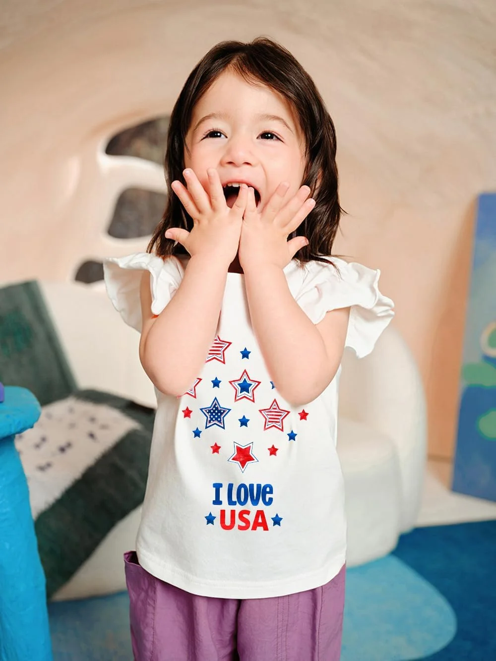 تاپ دخترانه برای چهارم جولای، تیشرت روز استقلال آمریکا برای دختر بچه، تیشرت پرچم آمریکا، تیشرت چین دار دخترانه طرح میهن پرستانه سایز 2 تا 7 سال