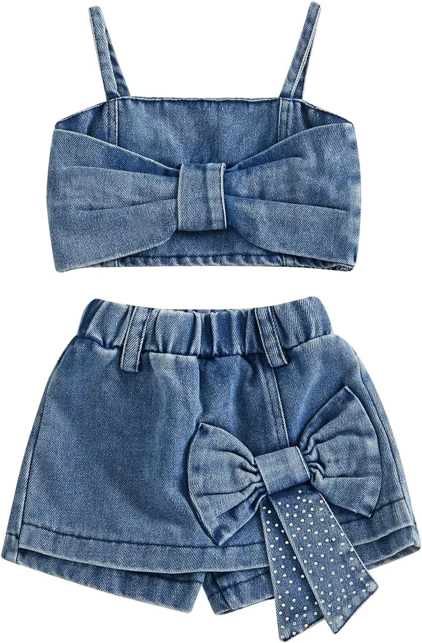 ست لباس تابستانی دخترانه RSRZRCJ شامل تاپ بندی نازک و شلوارک جین پاپیونی