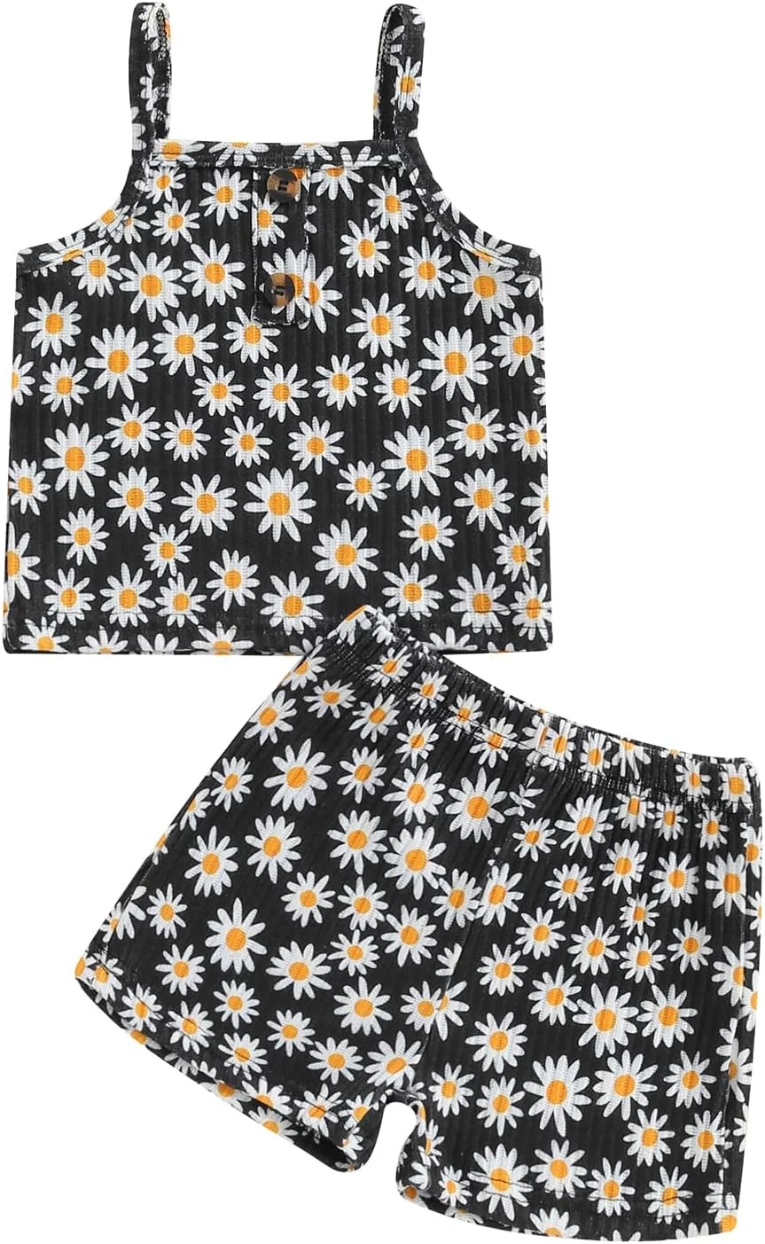 لباس تابستانی دخترانه نوزاد Rtnnsbbfcm، تاپ رکابی با طرح گل آفتابگردان بافتنی و شورت