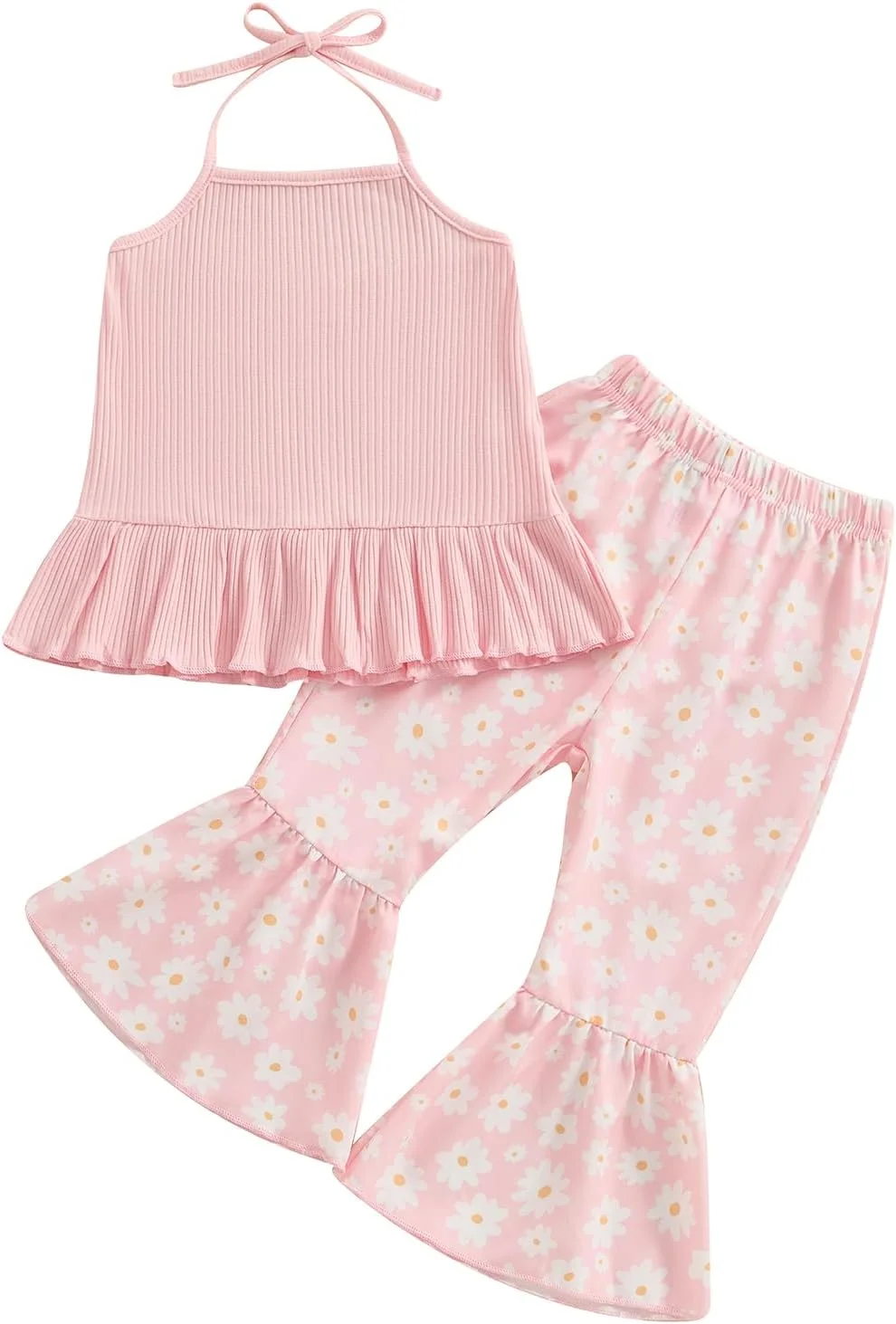 ست لباس تابستانی دخترانه نوزادی Rtnnsbbfcm، تاپ رکابی یقه هالتر دنده ای بدون آستین با شلوار دمپا گشاد طرح گل