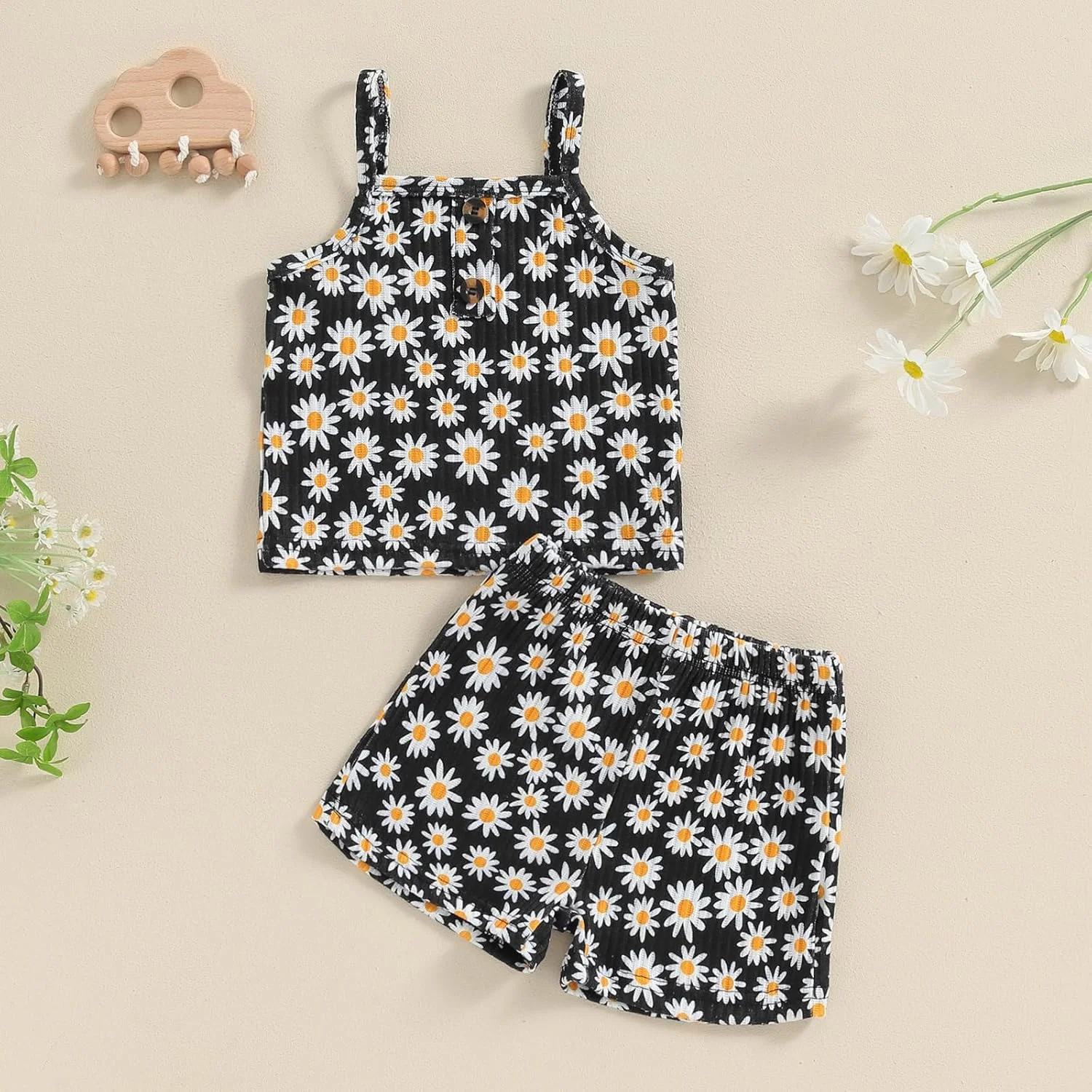 لباس تابستانی دخترانه نوزاد Rtnnsbbfcm، تاپ رکابی با طرح گل آفتابگردان بافتنی و شورت