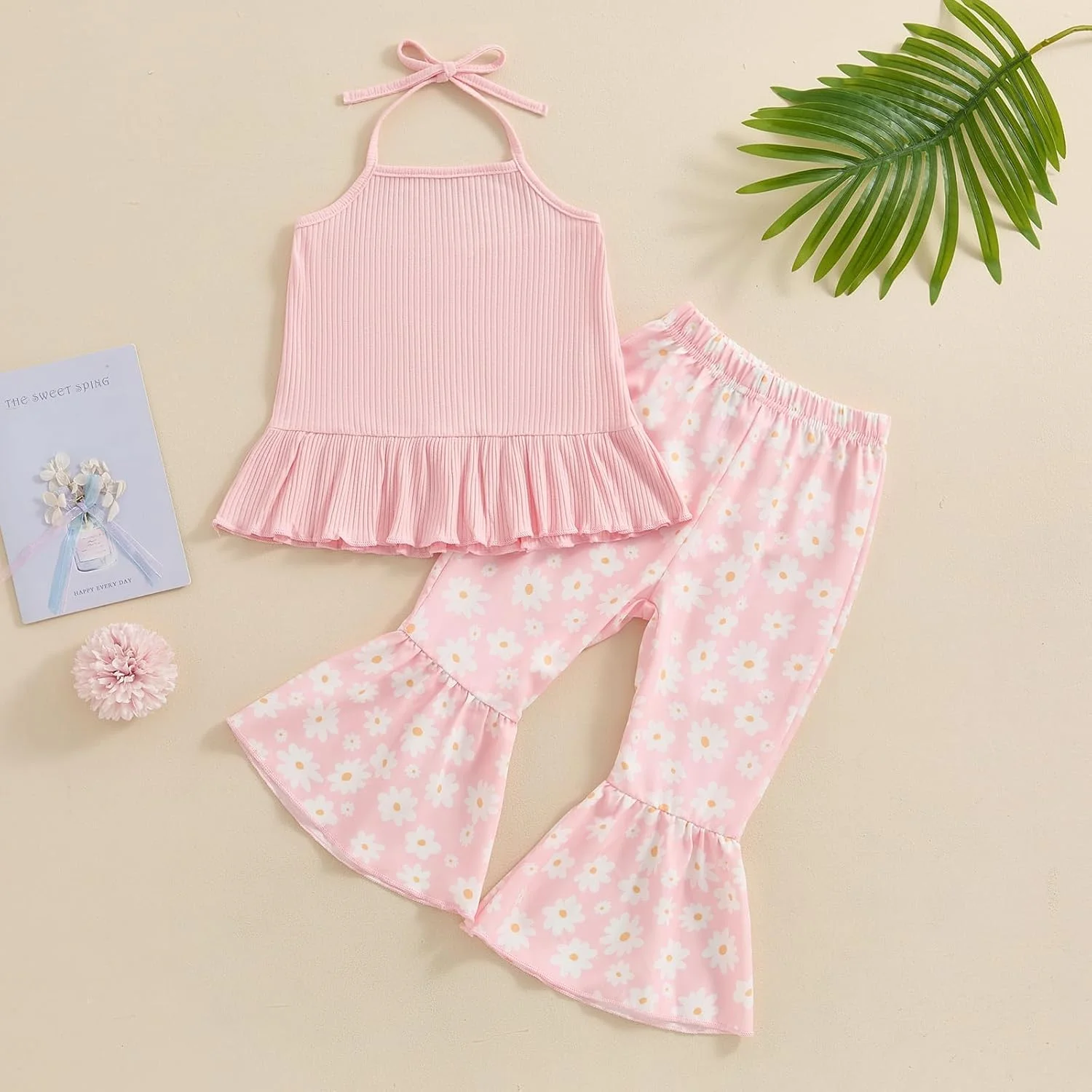 ست لباس تابستانی دخترانه نوزادی Rtnnsbbfcm، تاپ رکابی یقه هالتر دنده ای بدون آستین با شلوار دمپا گشاد طرح گل