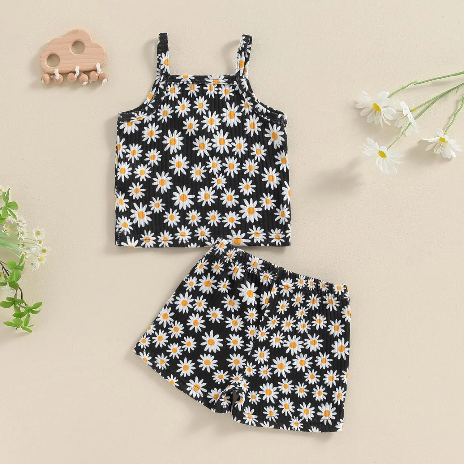لباس تابستانی دخترانه نوزاد Rtnnsbbfcm، تاپ رکابی با طرح گل آفتابگردان بافتنی و شورت