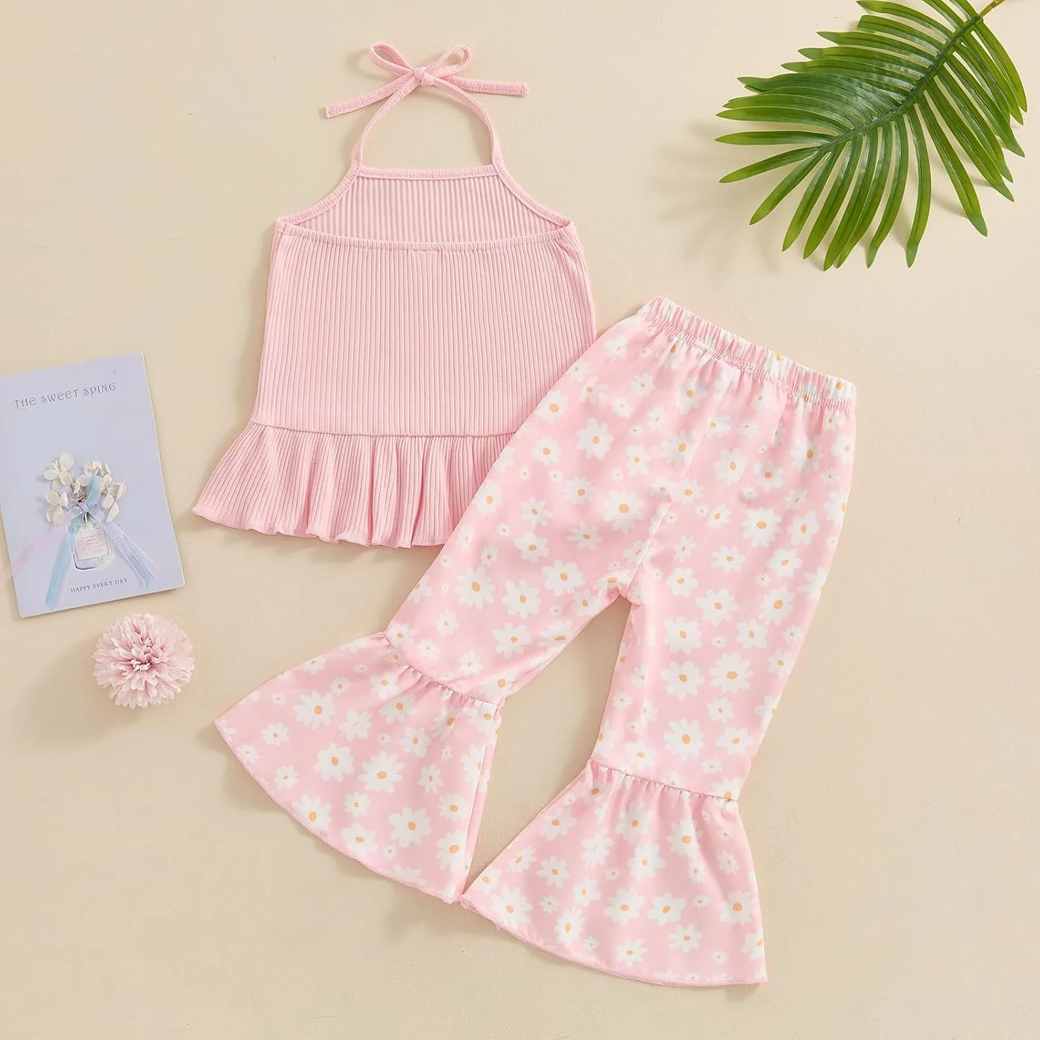 ست لباس تابستانی دخترانه نوزادی Rtnnsbbfcm، تاپ رکابی یقه هالتر دنده ای بدون آستین با شلوار دمپا گشاد طرح گل