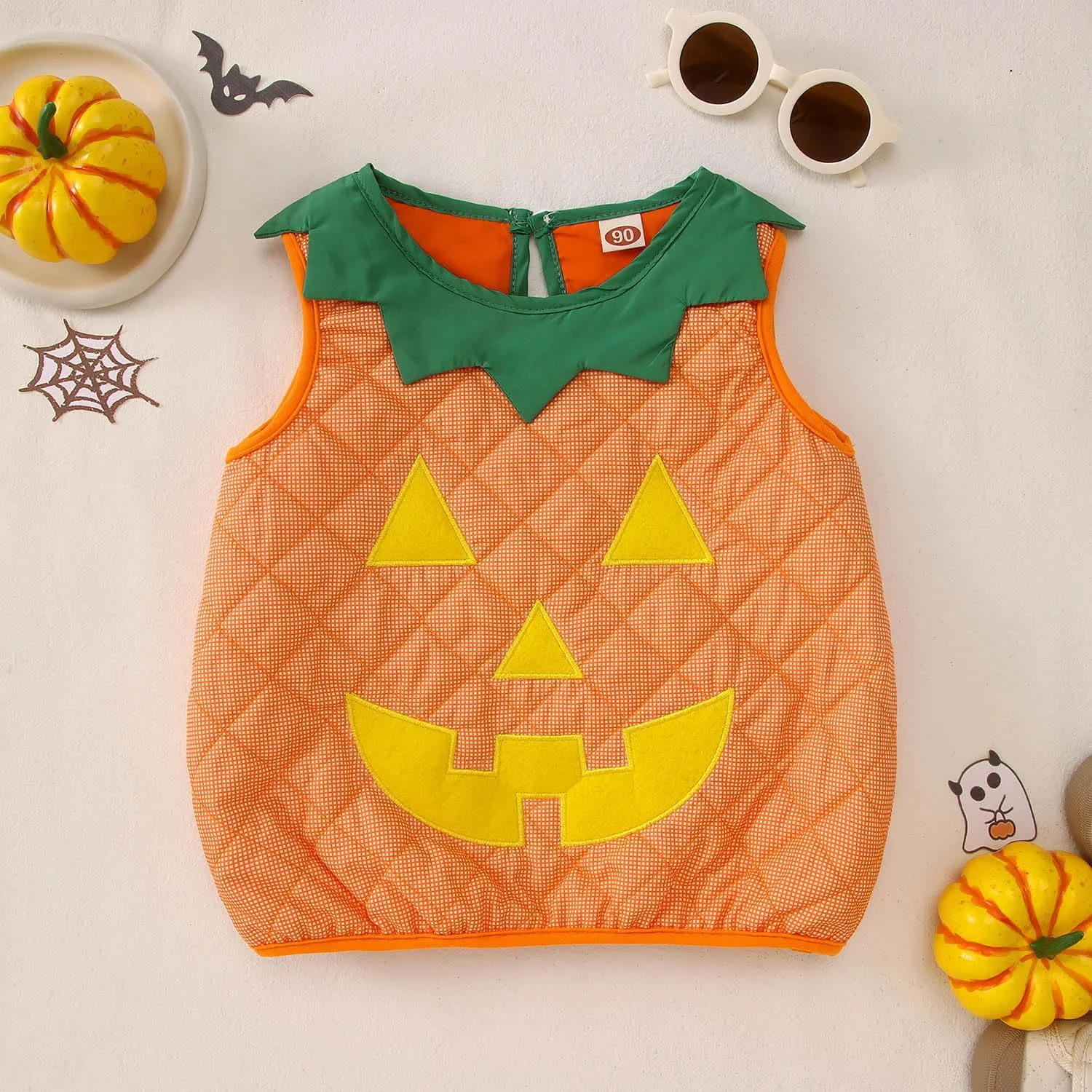 لباس هالووین بچه گانه Ritatte، تاپ بدون آستین طرح صورت خنده دار کدو تنبل، گلدوزی کدو تنبل، مناسب فصل ترسناک