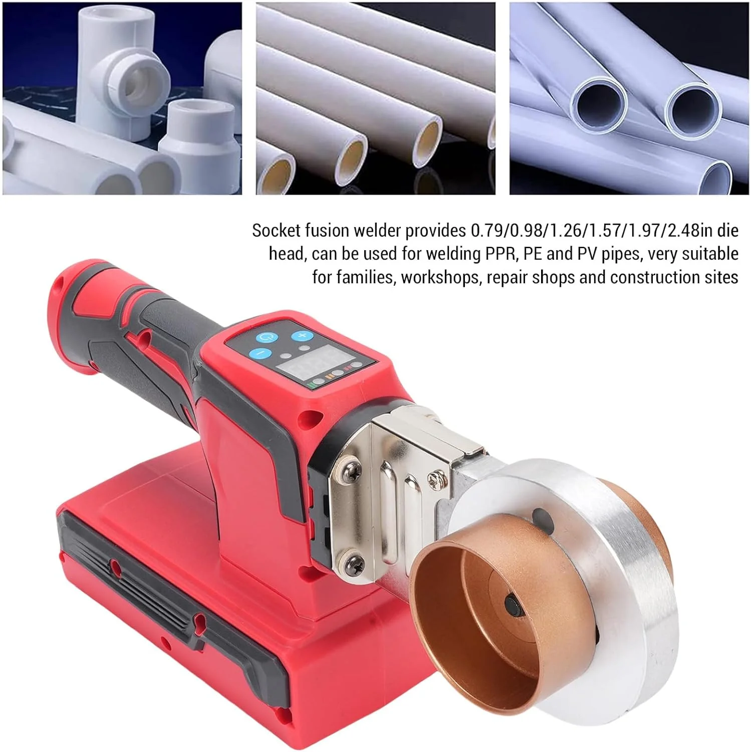 ابزار جوش لوله پلاستیکی Luocute، کیت جوش پلاستیک شامل جوشکاری با سری قالب 0.79، 0.98، 1.26، 1.57، 1.97، 2.48 اینچ، دستگاه لوله آب ابزار ذوب گرم برقی