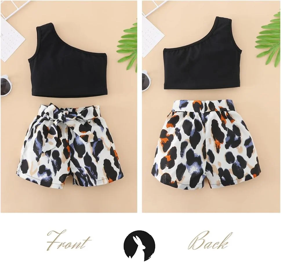 ست لباس تابستانی نوزاد دخترانه MILKI RABBIT، تاپ نیم تنه یک طرفه + شورت پلنگی کمربند دار