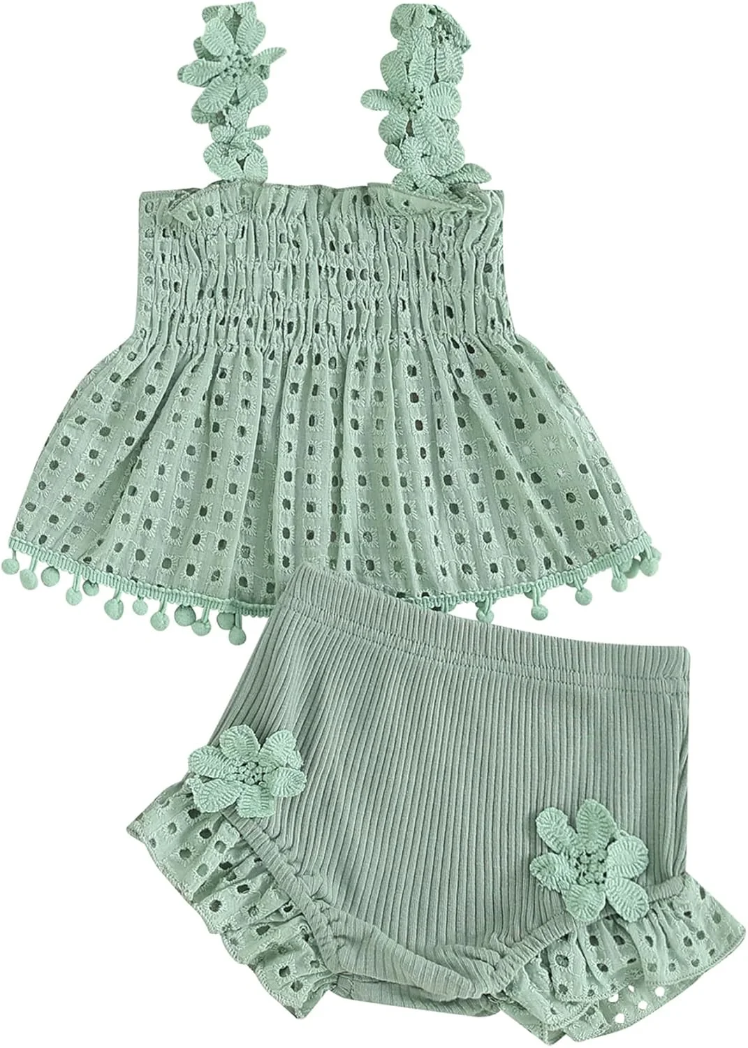 ست لباس تابستانی 2 تکه دخترانه نوزاد LYSINK، شامل تاپ های بدون آستین طرح دار و شورت های چین دار کشی ست لباس تابستانی 2 تکه دخترانه نوزاد LYSINK، شامل تاپ های بدون آستین طرح دار و شورت های چین دار کشی