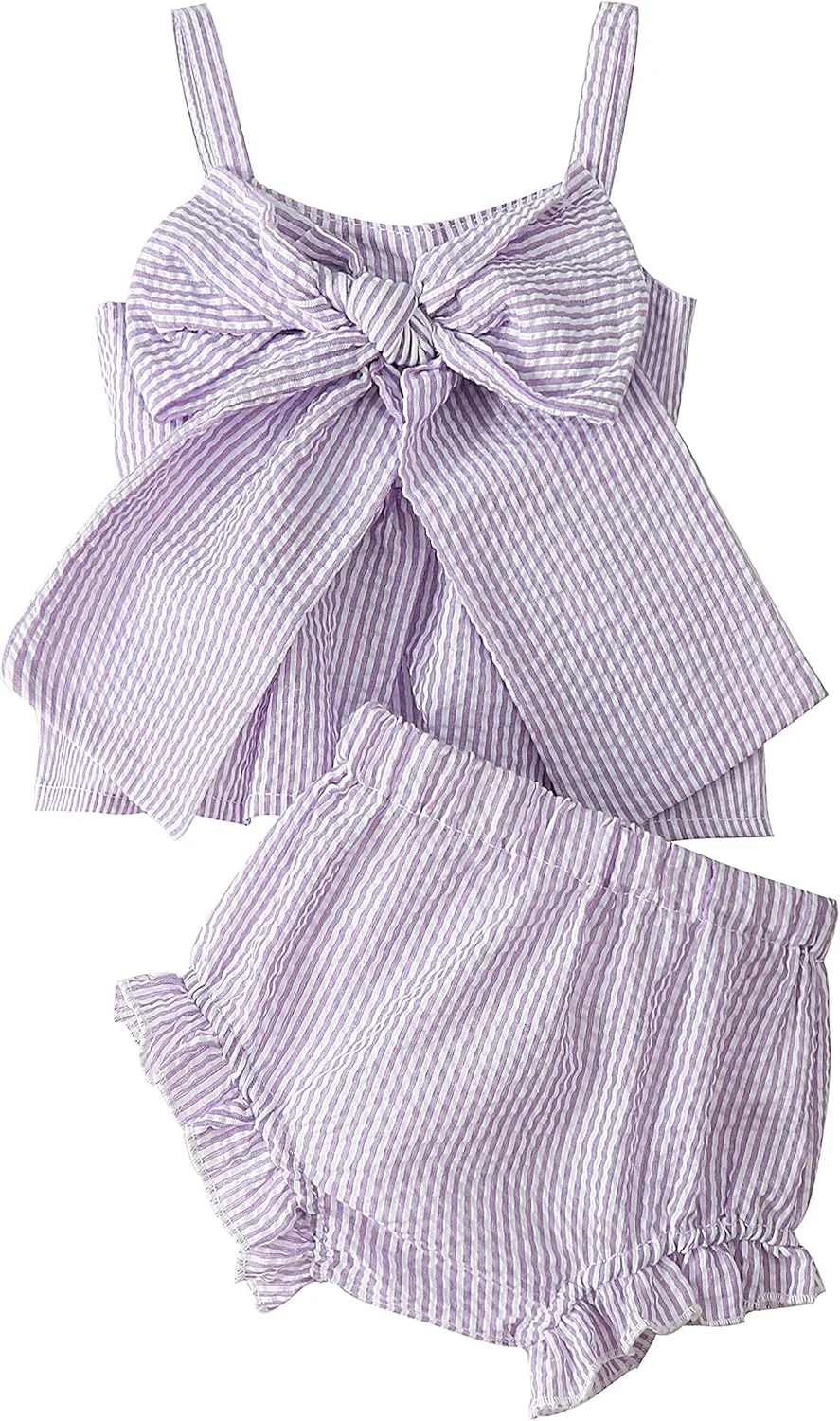 LYSINK ست لباس نوزادی دخترانه راه راه بدون آستین با تاپ رکابی پاپیونی و شورت، لباس تابستانی زیبا برای نوزاد دختر 0-18 ماه LYSINK ست لباس نوزادی دخترانه راه راه بدون آستین با تاپ رکابی پاپیونی و شورت، لباس تابستانی زیبا برای نوزاد دختر 0-18 ماه