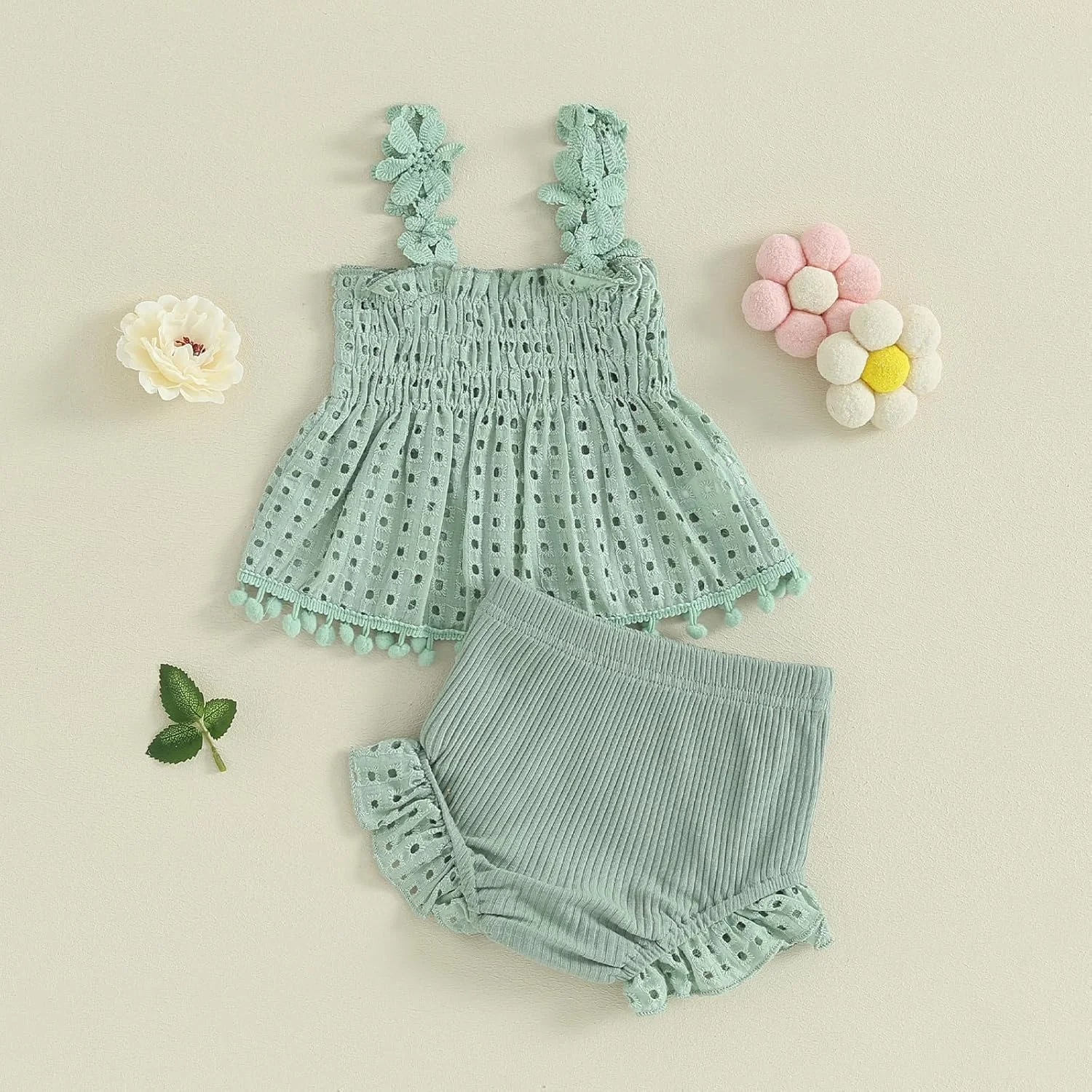 ست لباس تابستانی 2 تکه دخترانه نوزاد LYSINK، شامل تاپ های بدون آستین طرح دار و شورت های چین دار کشی ست لباس تابستانی 2 تکه دخترانه نوزاد LYSINK، شامل تاپ های بدون آستین طرح دار و شورت های چین دار کشی