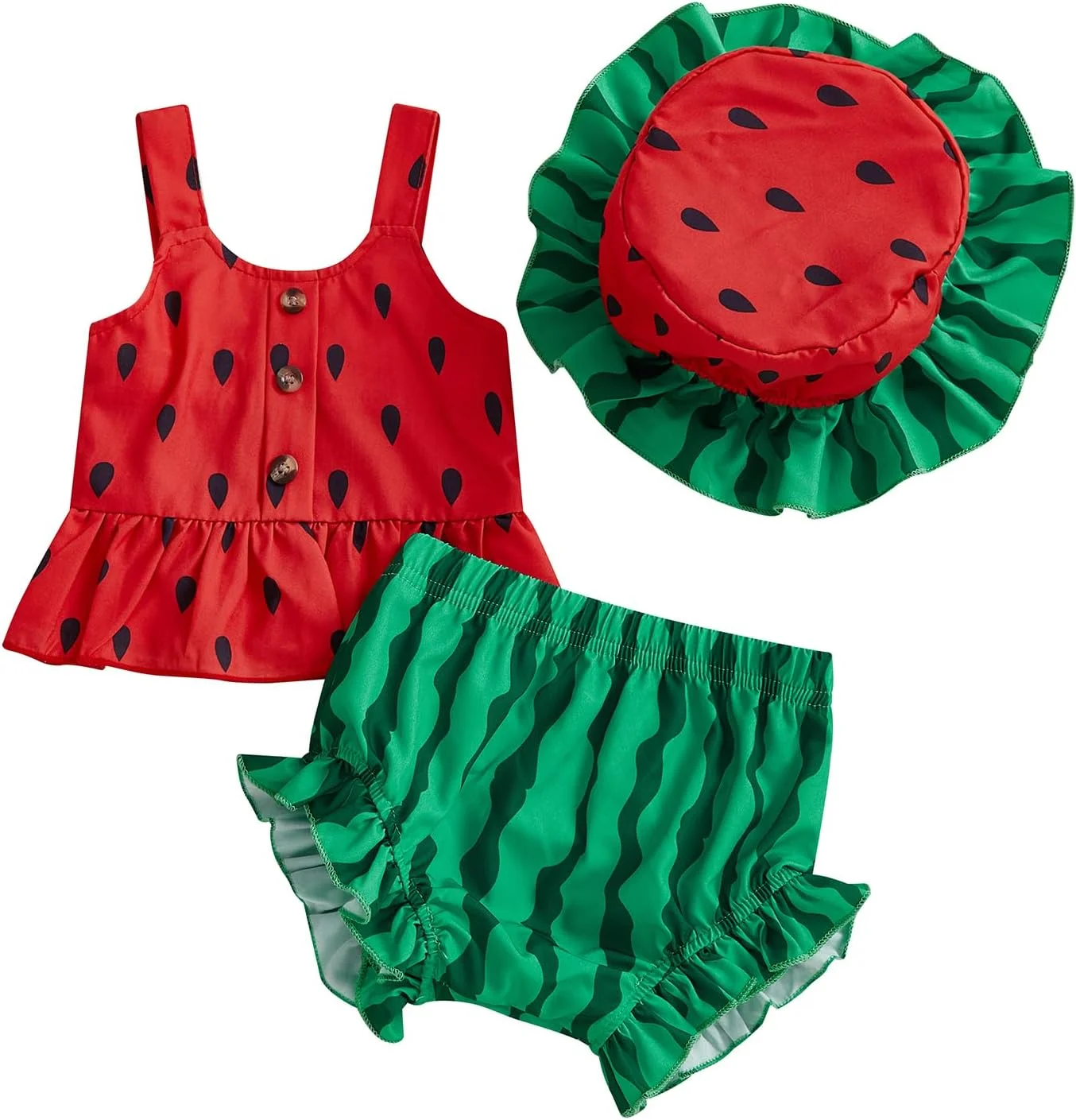 ست لباس نوزاد دخترانه Lefyira طرح هندوانه، شامل تاپ رکابی چیندار، شورت و شلوارک کتان، لباس میوه ای تابستانی ست لباس نوزاد دخترانه Lefyira طرح هندوانه، شامل تاپ رکابی چیندار، شورت و شلوارک کتان، لباس میوه ای تابستانی