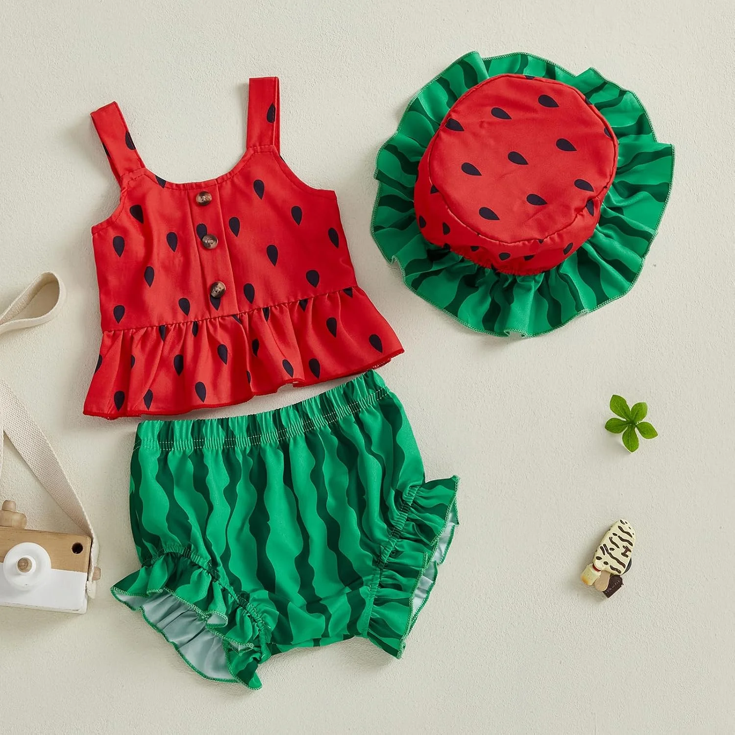 ست لباس نوزاد دخترانه Lefyira طرح هندوانه، شامل تاپ رکابی چیندار، شورت و شلوارک کتان، لباس میوه ای تابستانی ست لباس نوزاد دخترانه Lefyira طرح هندوانه، شامل تاپ رکابی چیندار، شورت و شلوارک کتان، لباس میوه ای تابستانی