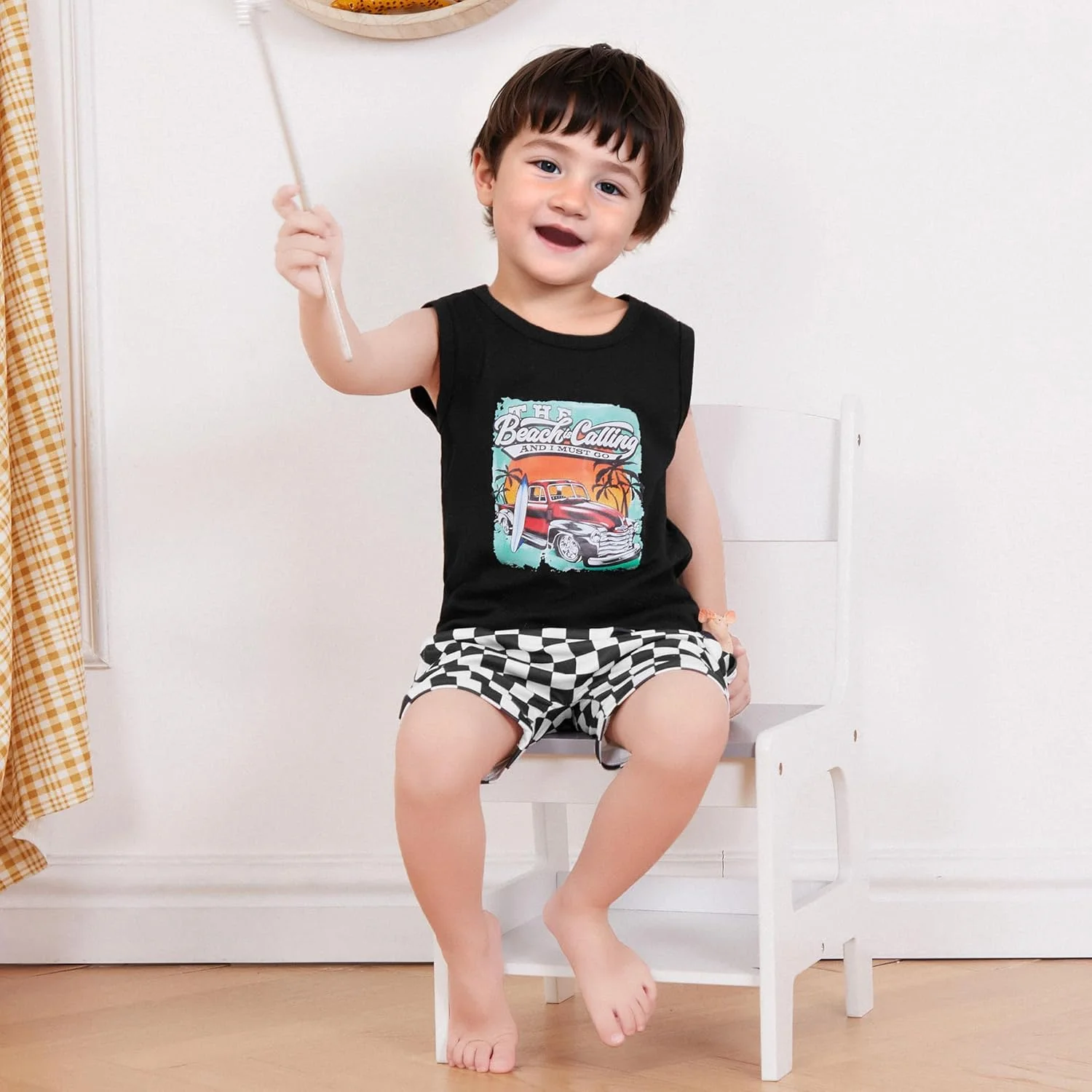 ست لباس تابستانی پسرانه Lucikamy شامل تاپ بدون آستین و شلوارک راه راه جیب دار، 2 تکه