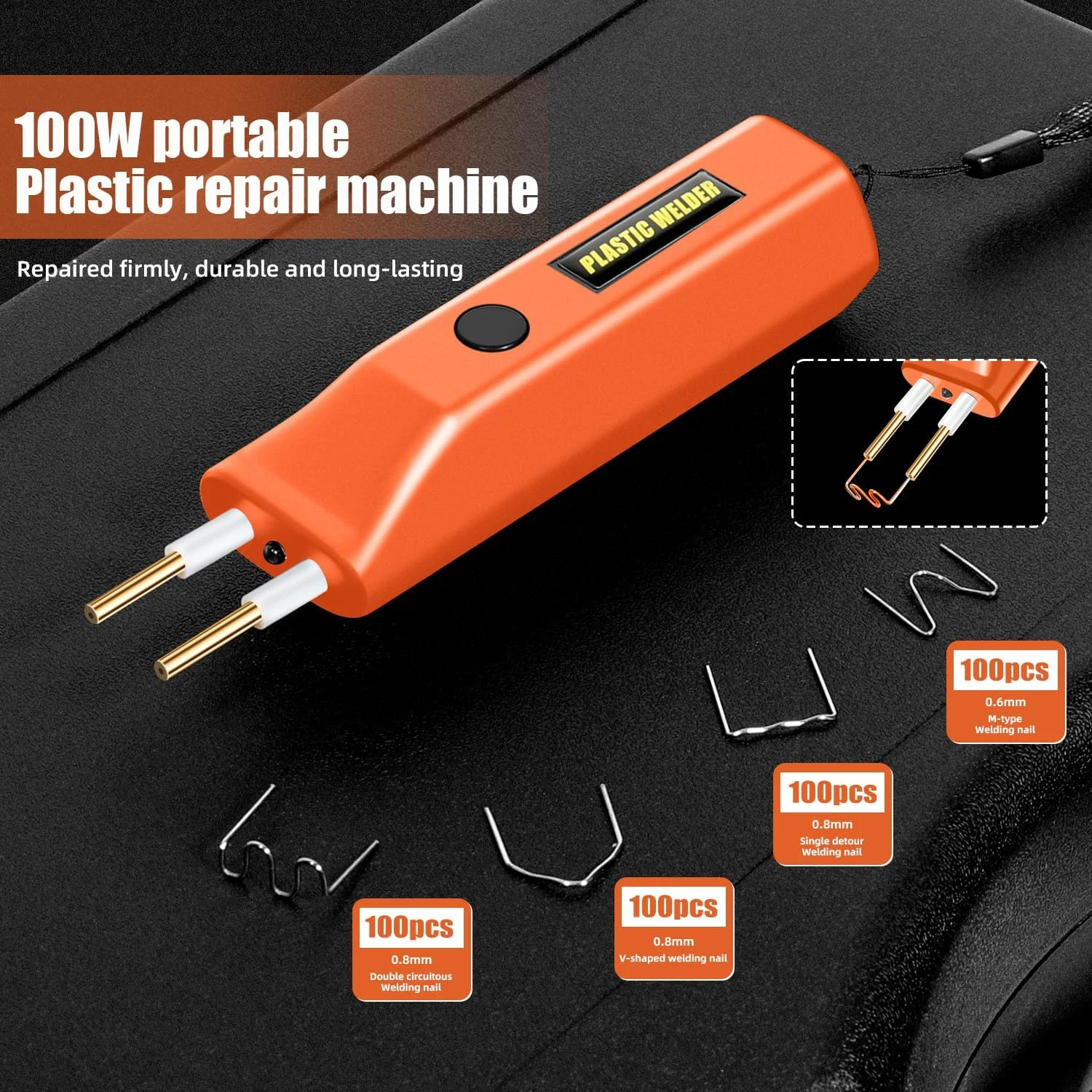 دستگاه جوش پلاستیک بی سیم Irovami، کیت جوشکاری پلاستیک دستی با 400 عدد منگنه، دستگاه جوشکاری مینی قابل حمل برای تعمیر ترک پلاستیک سپر خودرو، نارنجی