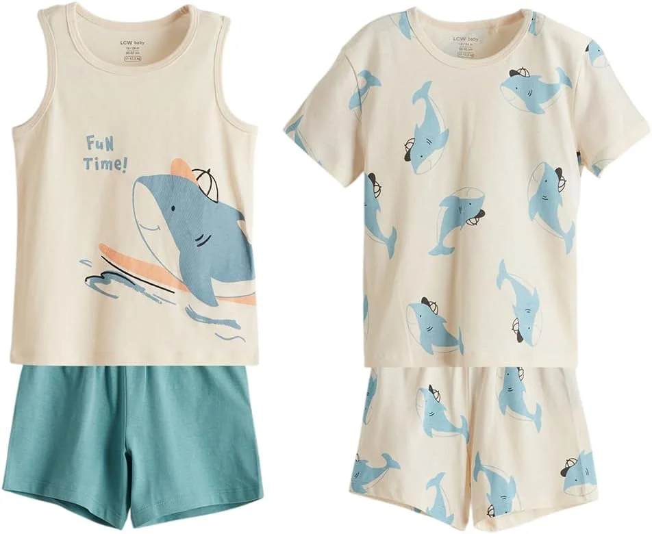 ست تاپ رکابی، تیشرت و شلوارک پسرانه نوزادی طرح دار LC Waikiki مدل LCW-S5JP08Z1-KXP