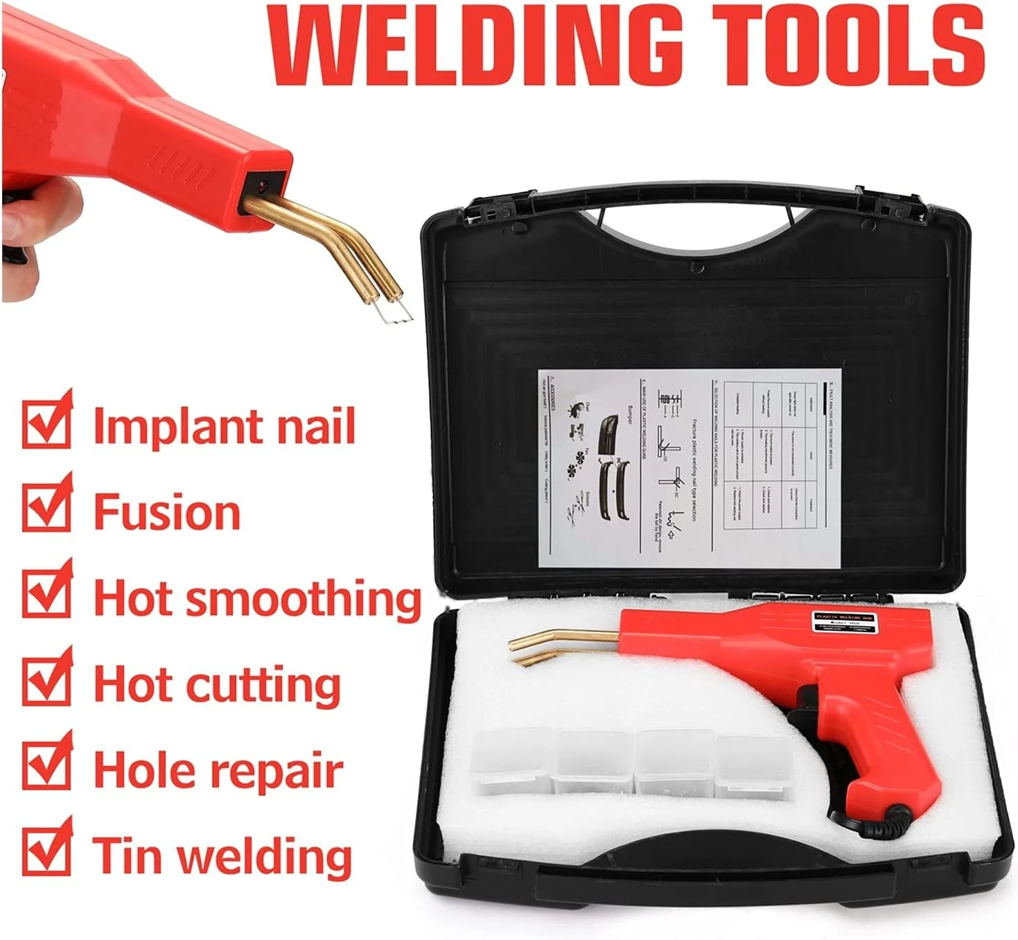کیت جوش پلاستیک GZDcjsc برای تعمیر، دستگاه جوش پلاستیک گاراژی، دستگاه لحیم کاری، اتوی لحیم کاری برای خودرو، منگنه پلاستیکی، کیت ابزار تعمیر، مجموعه ابزار، کیت تعمیر سپر خودرو، مجموعه ابزار منگنه (نوع 4)