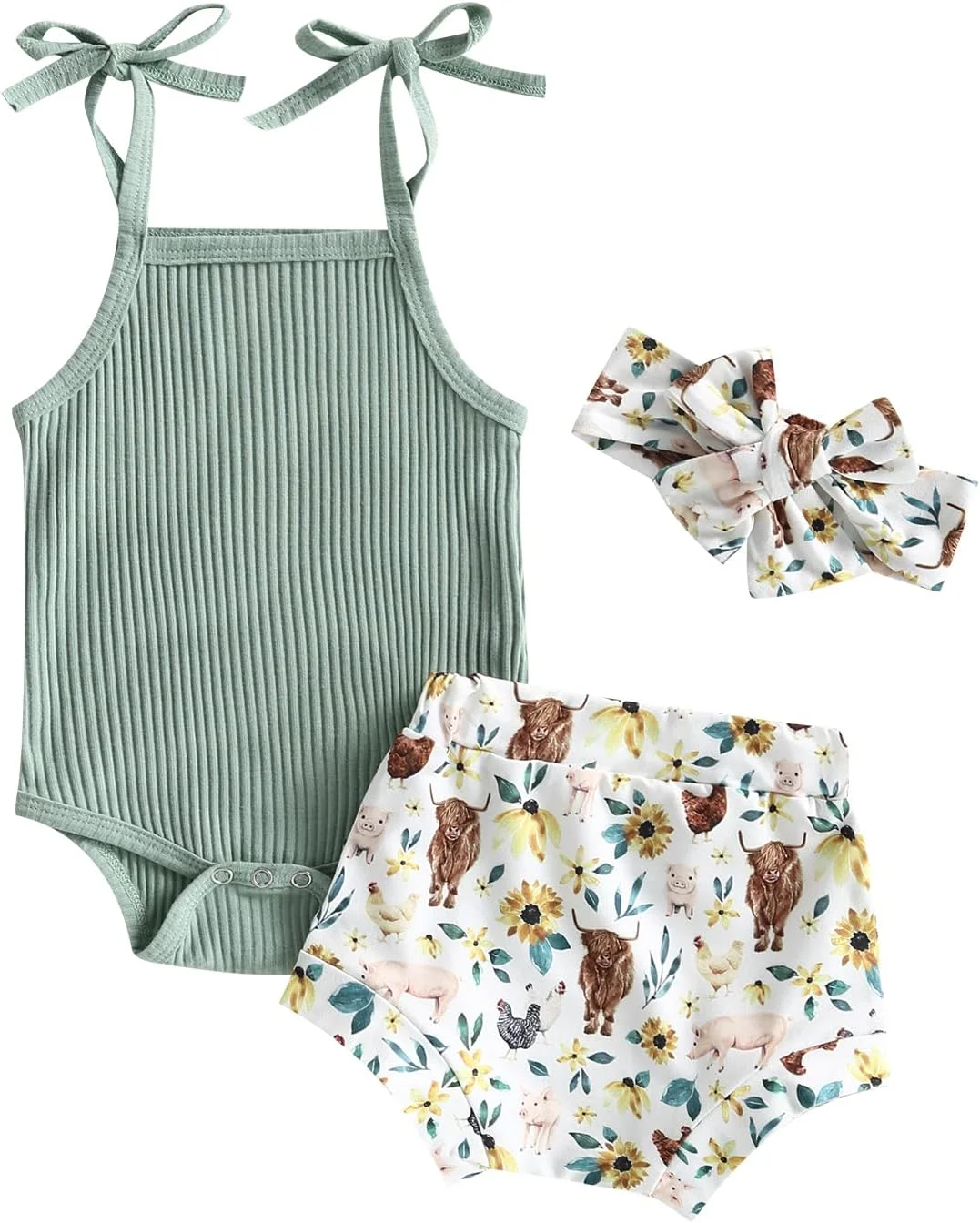 ست لباس نوزادی دخترانه Kuriozud، شامل تاپ بادی رکابی و شورت پفی چین‌دار، مناسب فصل تابستان، 2 تکه