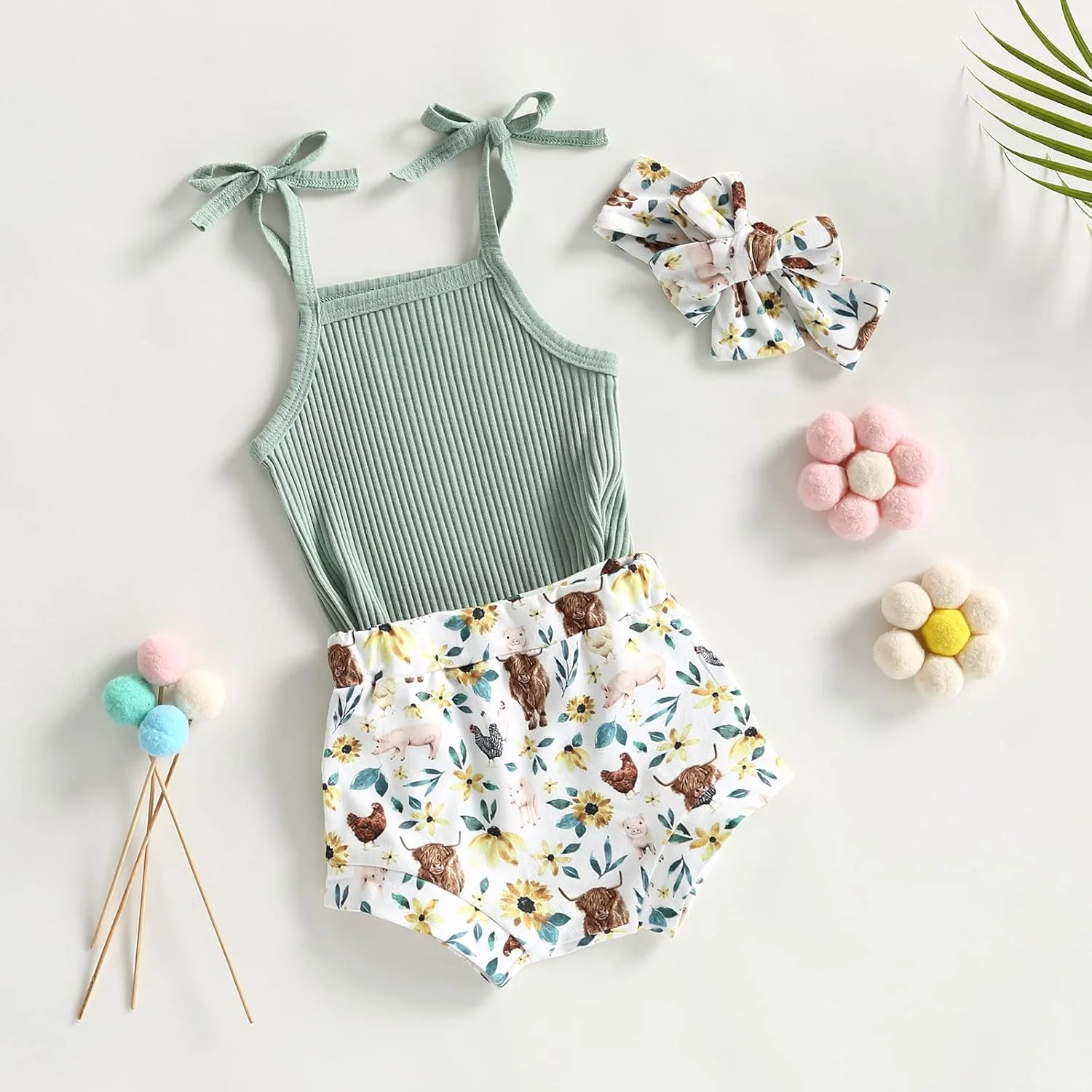 ست لباس نوزادی دخترانه Kuriozud، شامل تاپ بادی رکابی و شورت پفی چیندار، مناسب فصل تابستان، 2 تکه ست لباس نوزادی دخترانه Kuriozud، شامل تاپ بادی رکابی و شورت پفی چیندار، مناسب فصل تابستان، 2 تکه