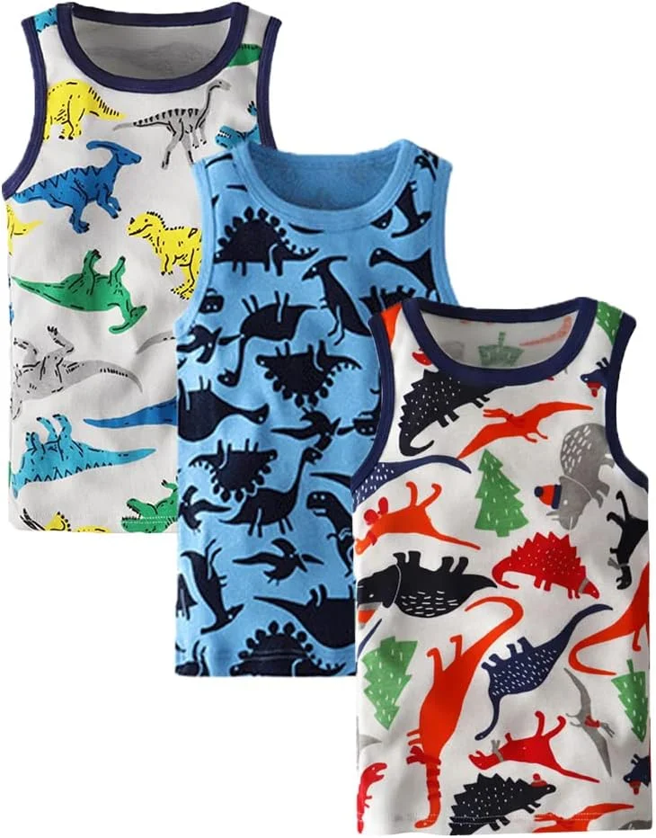 ست 3 عددی تاپ های تانک تابستانی پسرانه و دخترانه LeeXiang، زیرپوش های طرح کارتونی (رنگ دایناسور، 6 سال)