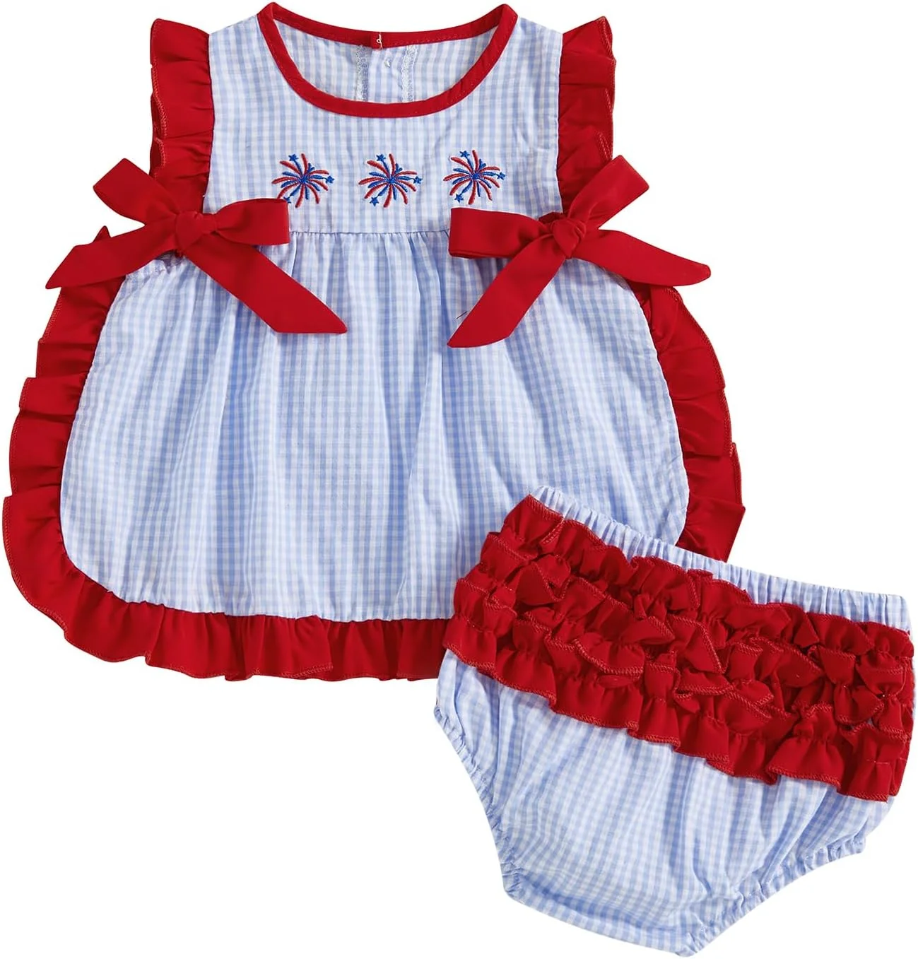 ست لباس نوزادی دخترانه KtwHarnu با طرح چهارم جولای، گلدوزی آتش بازی، تاپ بدون آستین طرح چهارخانه و شورت بلومر ست لباس نوزادی دخترانه KtwHarnu با طرح چهارم جولای، گلدوزی آتش بازی، تاپ بدون آستین طرح چهارخانه و شورت بلومر