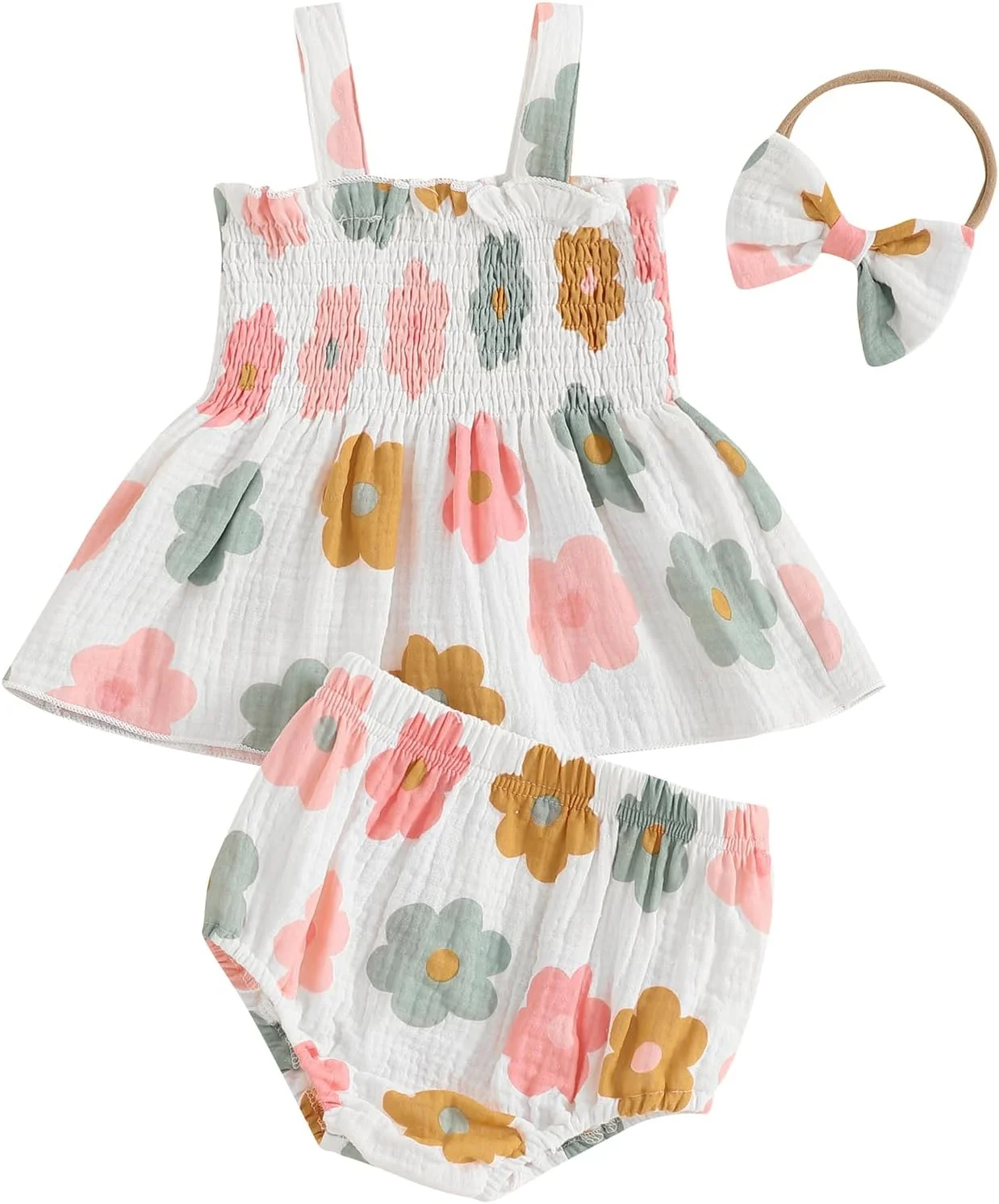 ست لباس تابستانی نوزاد دختر Kayotuas، تاپ بدون آستین طرح گلدار و شلوارک بلومر به همراه هدبند پاپیونی، لباس غیر رسمی ست لباس تابستانی نوزاد دختر Kayotuas، تاپ بدون آستین طرح گلدار و شلوارک بلومر به همراه هدبند پاپیونی، لباس غیر رسمی