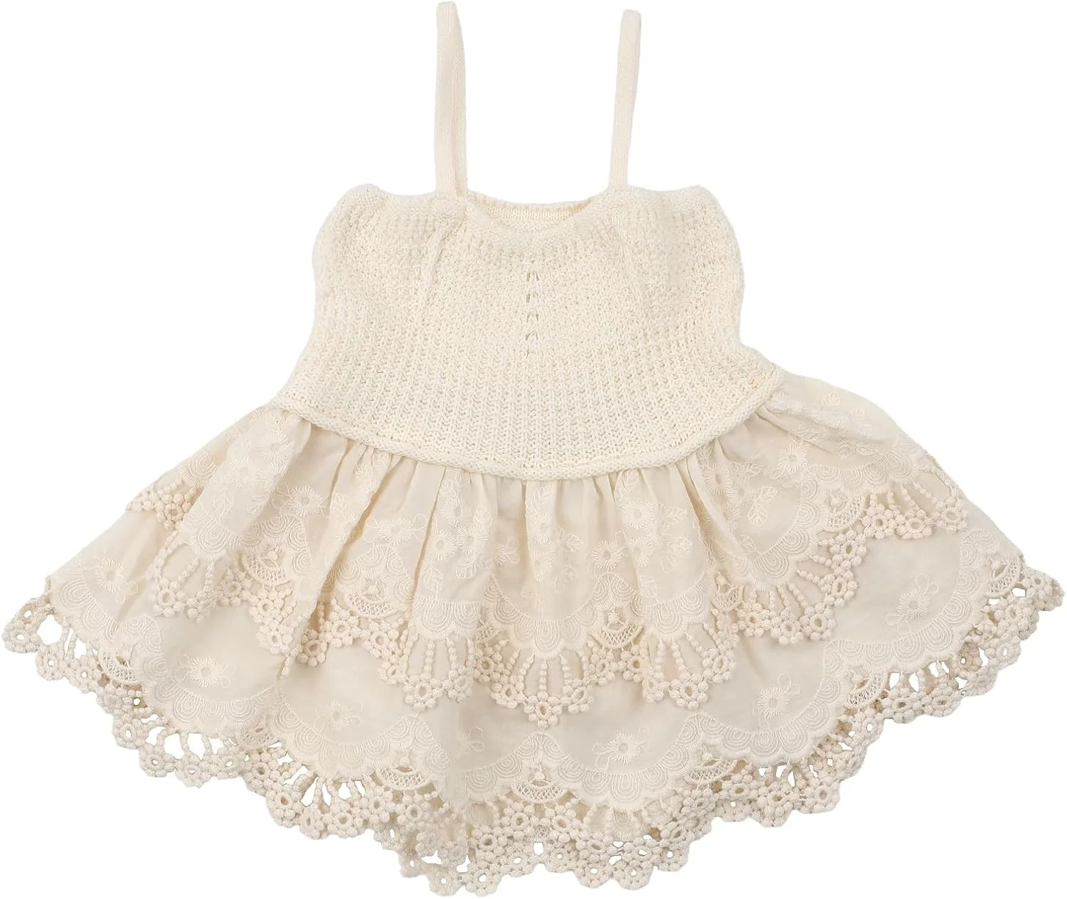 تاپ بافتنی دخترانه HOOLCHEAN با گلدوزی وینتیج و حاشیه چین‌دار توری