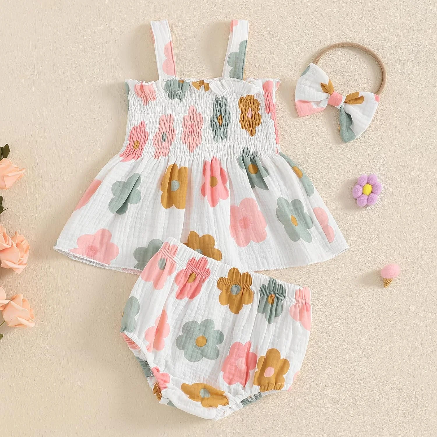 ست لباس تابستانی نوزاد دختر Kayotuas، تاپ بدون آستین طرح گلدار و شلوارک بلومر به همراه هدبند پاپیونی، لباس غیر رسمی ست لباس تابستانی نوزاد دختر Kayotuas، تاپ بدون آستین طرح گلدار و شلوارک بلومر به همراه هدبند پاپیونی، لباس غیر رسمی