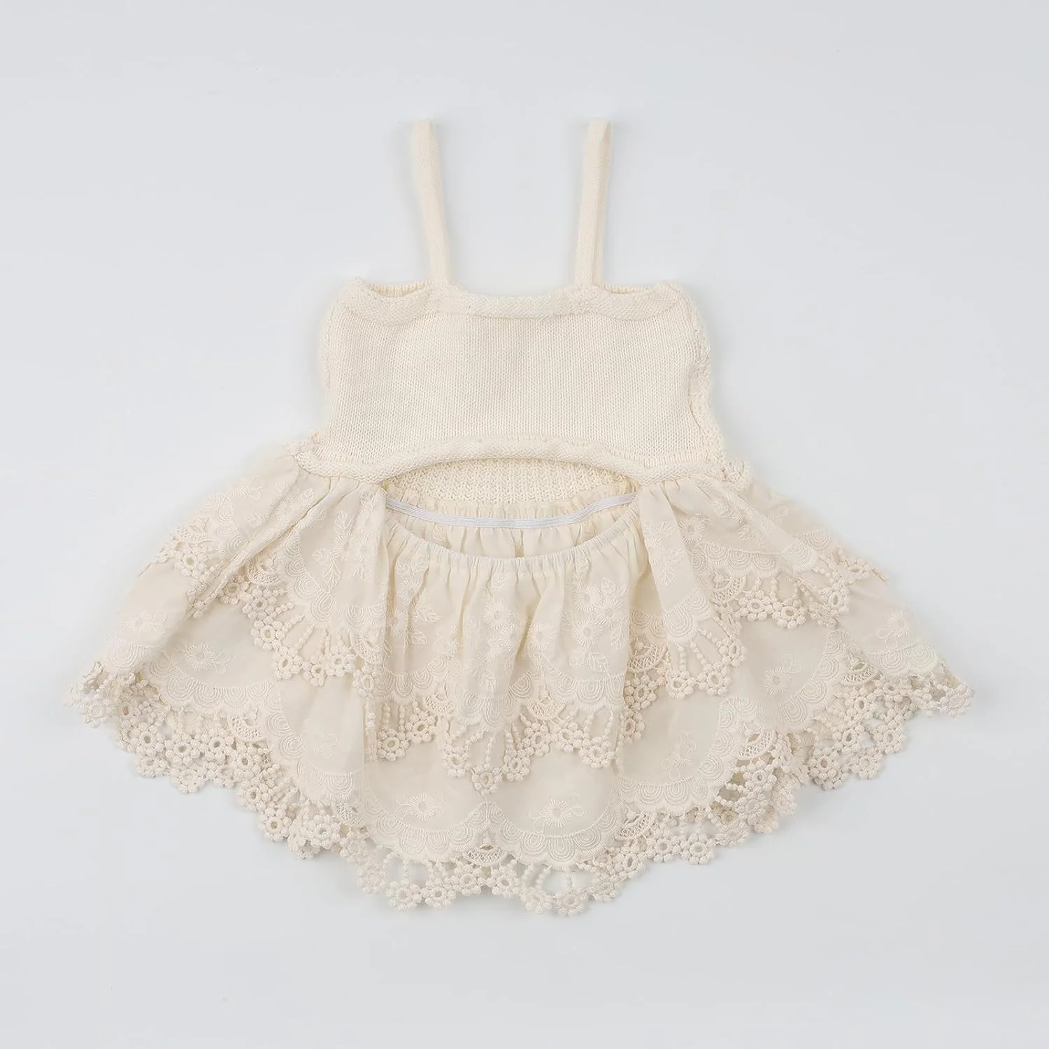 تاپ بافتنی دخترانه HOOLCHEAN با گلدوزی وینتیج و حاشیه چین‌دار توری