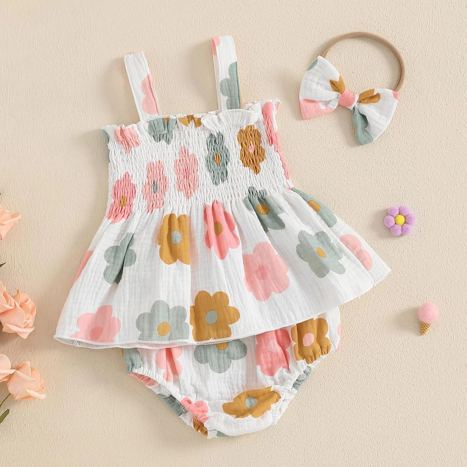 ست لباس تابستانی نوزاد دختر Kayotuas، تاپ بدون آستین طرح گلدار و شلوارک بلومر به همراه هدبند پاپیونی، لباس غیر رسمی ست لباس تابستانی نوزاد دختر Kayotuas، تاپ بدون آستین طرح گلدار و شلوارک بلومر به همراه هدبند پاپیونی، لباس غیر رسمی