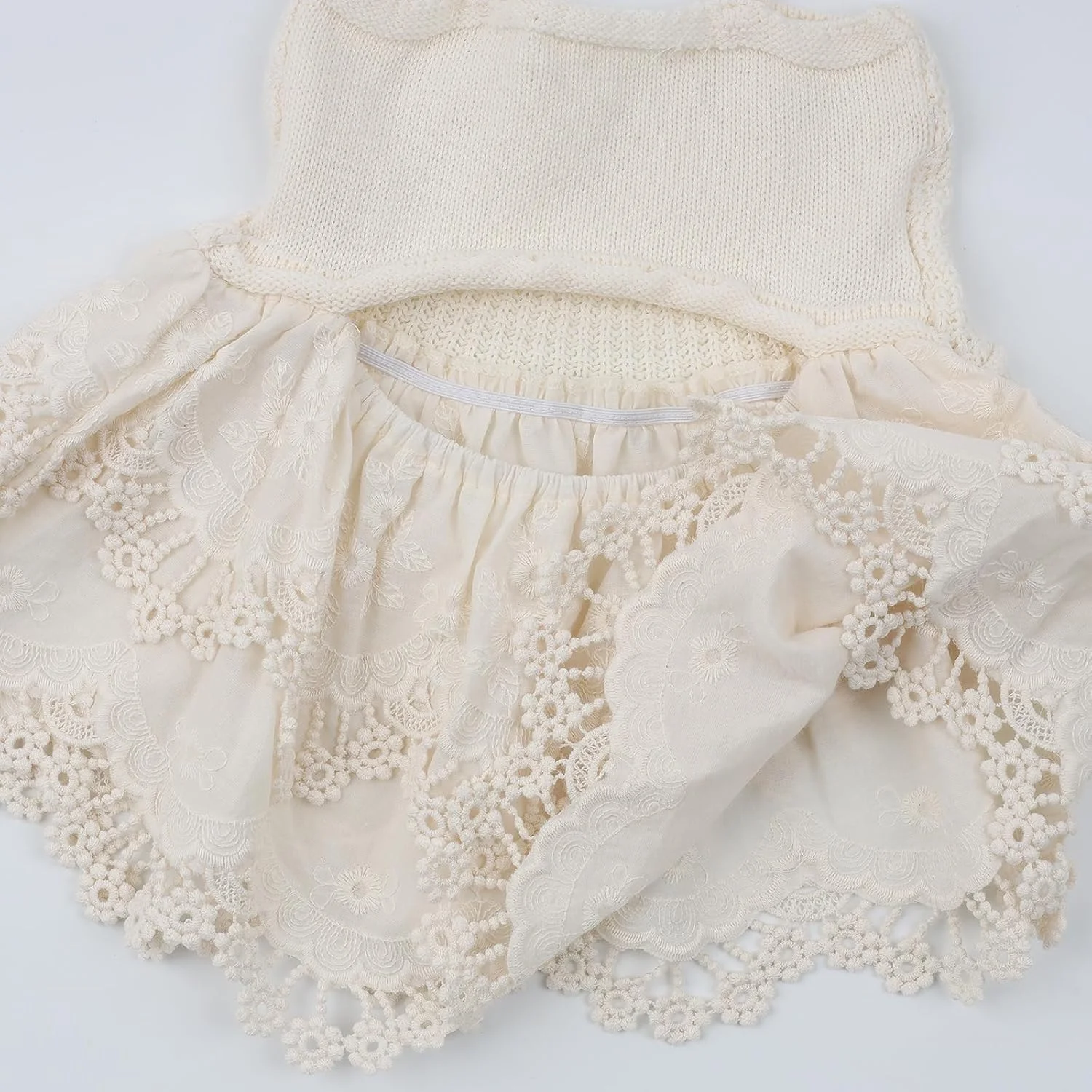 تاپ بافتنی دخترانه HOOLCHEAN با گلدوزی وینتیج و حاشیه چین‌دار توری