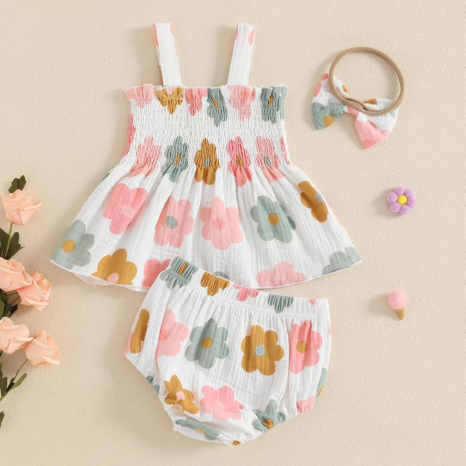 ست لباس تابستانی نوزاد دختر Kayotuas، تاپ بدون آستین طرح گلدار و شلوارک بلومر به همراه هدبند پاپیونی، لباس غیر رسمی ست لباس تابستانی نوزاد دختر Kayotuas، تاپ بدون آستین طرح گلدار و شلوارک بلومر به همراه هدبند پاپیونی، لباس غیر رسمی