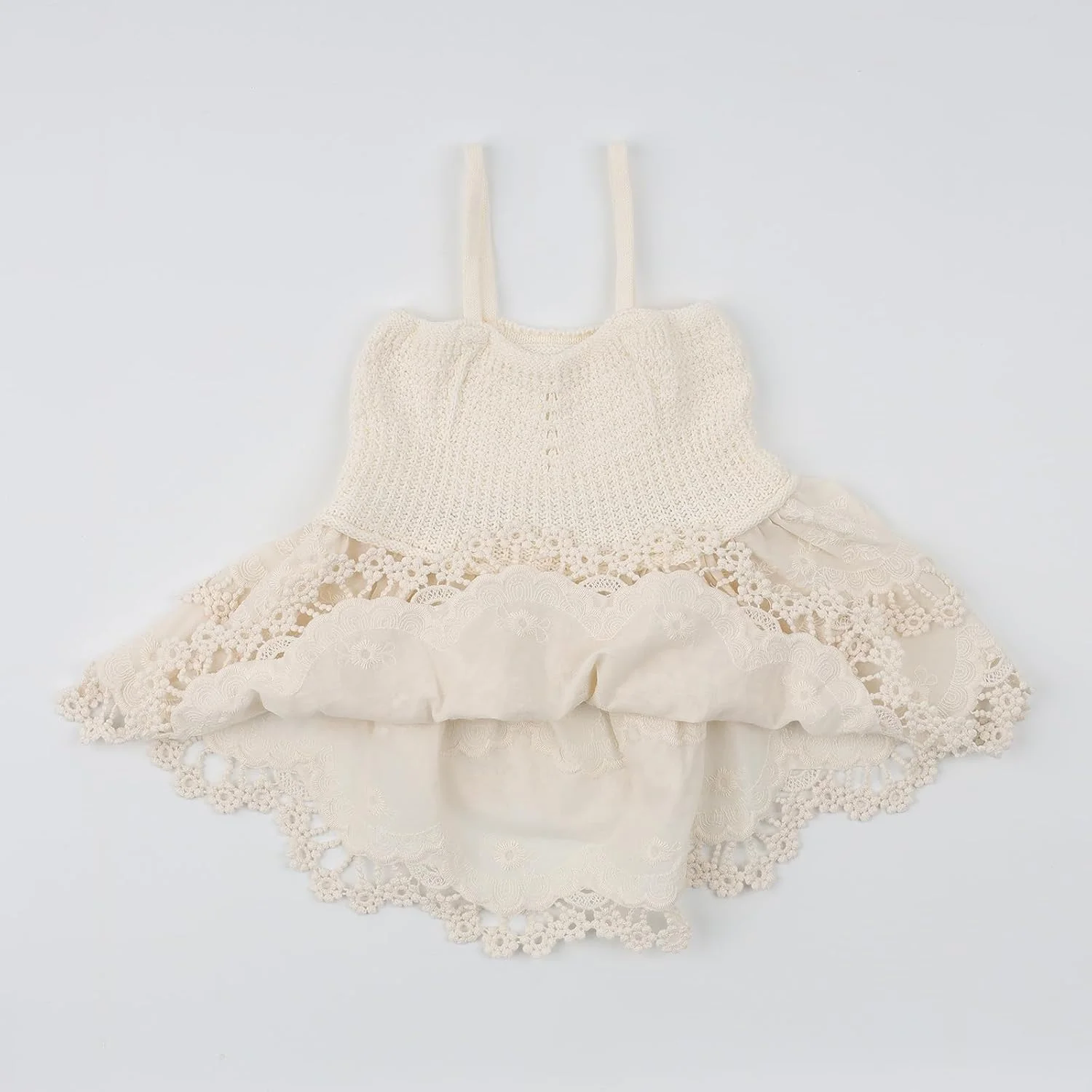 تاپ بافتنی دخترانه HOOLCHEAN با گلدوزی وینتیج و حاشیه چین‌دار توری