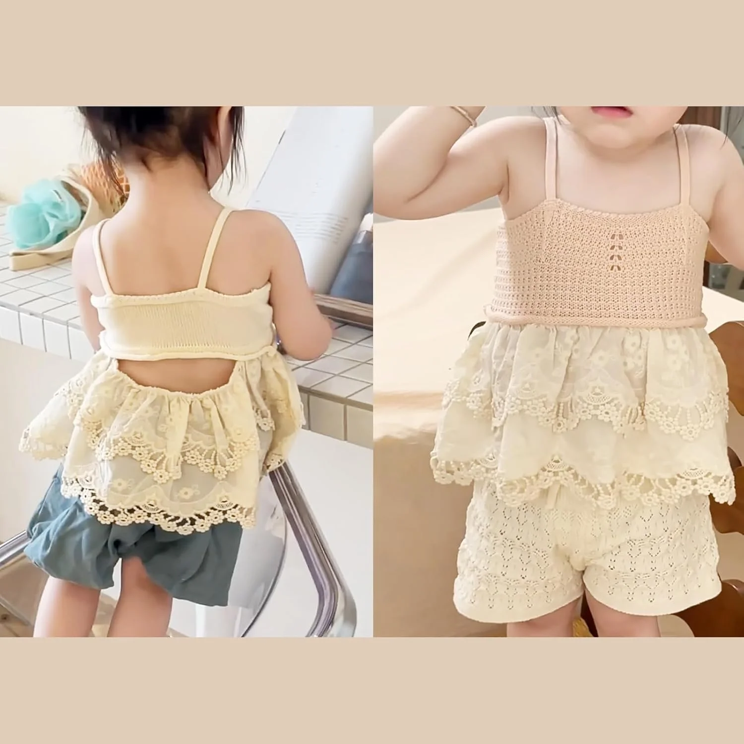 تاپ بافتنی دخترانه HOOLCHEAN با گلدوزی وینتیج و حاشیه چین‌دار توری