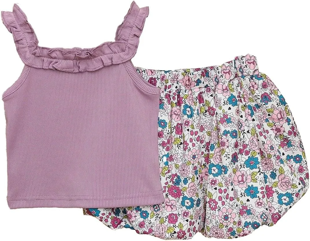 ست تاپ رکابی نوزادی دخترانه HEOXIN + شورت گلدار فانوسی، تاپ بدون آستین چین دار نوزاد، شلوار طرح گل با کمر کشی برای عکاسی 6 ماهه تا 3 ساله، بنفش ست تاپ رکابی نوزادی دخترانه HEOXIN + شورت گلدار فانوسی، تاپ بدون آستین چین دار نوزاد، شلوار طرح گل با کمر کشی برای عکاسی 6 ماهه تا 3 ساله، بنفش