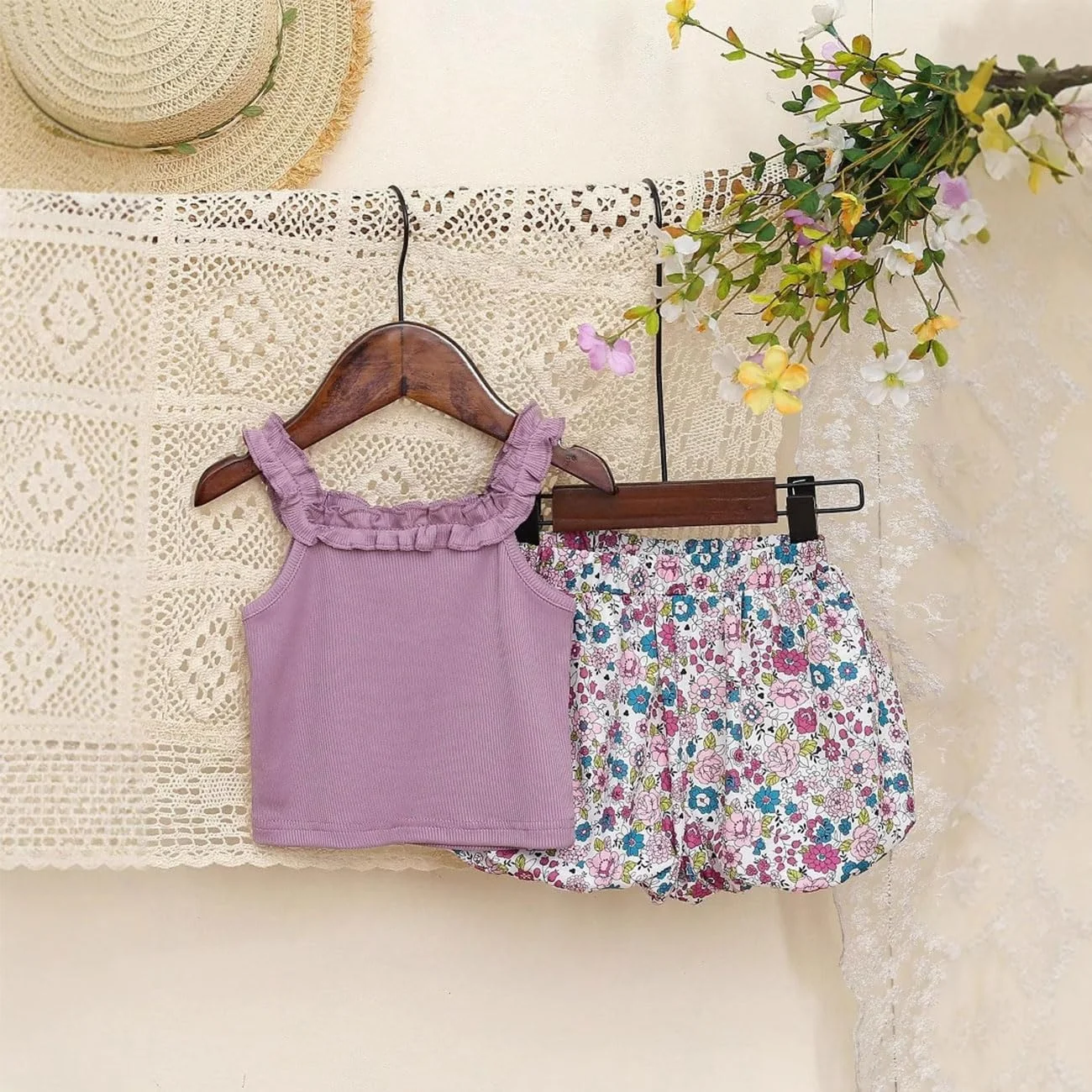 ست تاپ رکابی نوزادی دخترانه HEOXIN + شورت گلدار فانوسی، تاپ بدون آستین چین دار نوزاد، شلوار طرح گل با کمر کشی برای عکاسی 6 ماهه تا 3 ساله، بنفش ست تاپ رکابی نوزادی دخترانه HEOXIN + شورت گلدار فانوسی، تاپ بدون آستین چین دار نوزاد، شلوار طرح گل با کمر کشی برای عکاسی 6 ماهه تا 3 ساله، بنفش