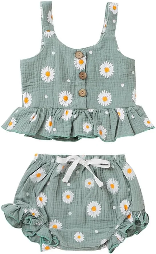 HAOLUKI لباس دخترانه بچه گانه، تاپ های رکابی چین دار گلدار و شورت بلومر طرح گل، ست لباس تابستانی 2 تکه