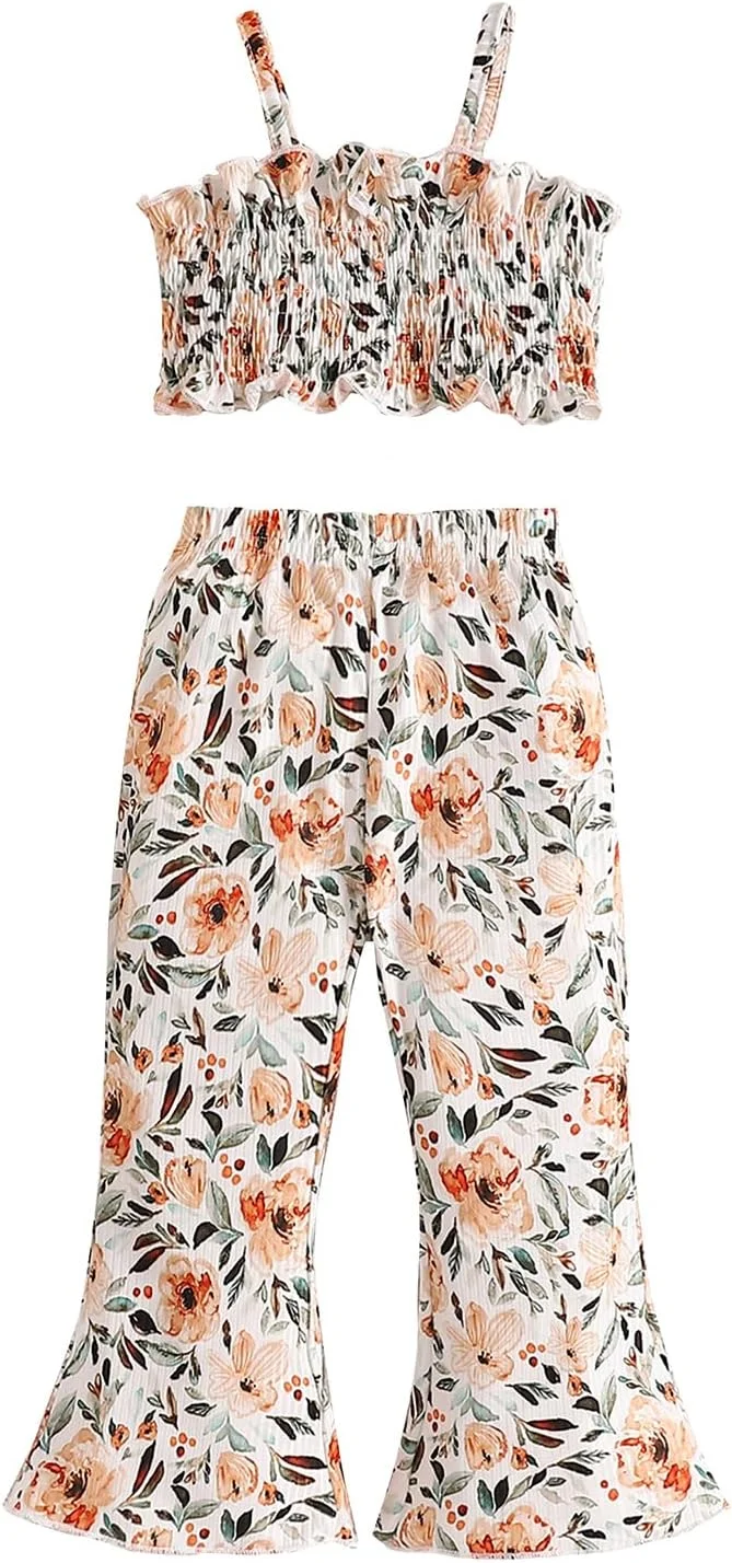 لباس‌های تابستانی دخترانه DuAnyozu، تاپ بدون آستین گلدار و لگینگ دمپا گشاد، لباس‌های هیپی دهه 70 برای کودکان