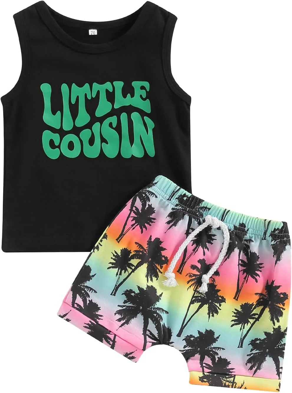 FYBITBO ست لباس تابستانی پسرانه 2 تکه، تاپ بدون آستین با طرح حروف بامزه + شورت طرح نخل