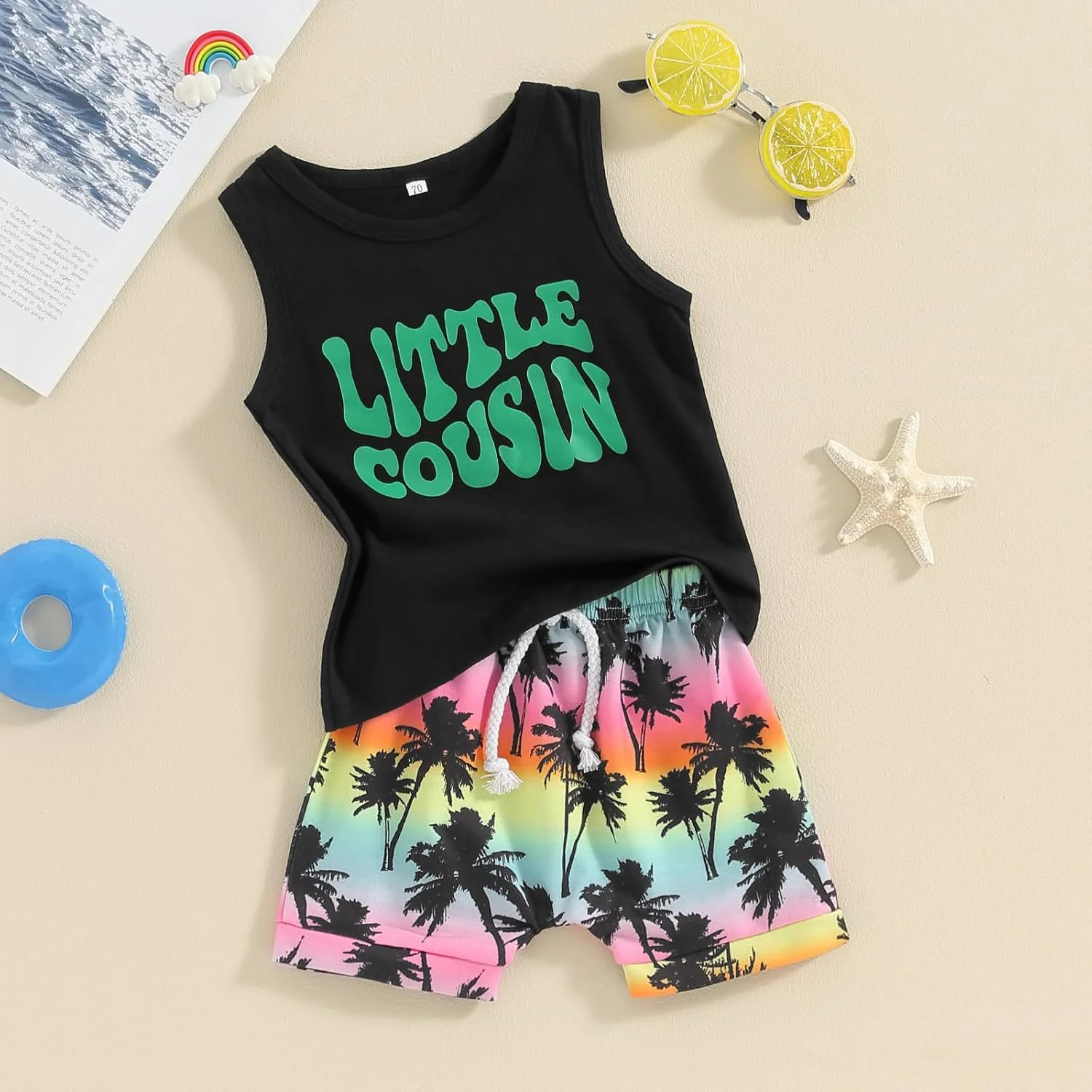 FYBITBO ست لباس تابستانی پسرانه 2 تکه، تاپ بدون آستین با طرح حروف بامزه + شورت طرح نخل