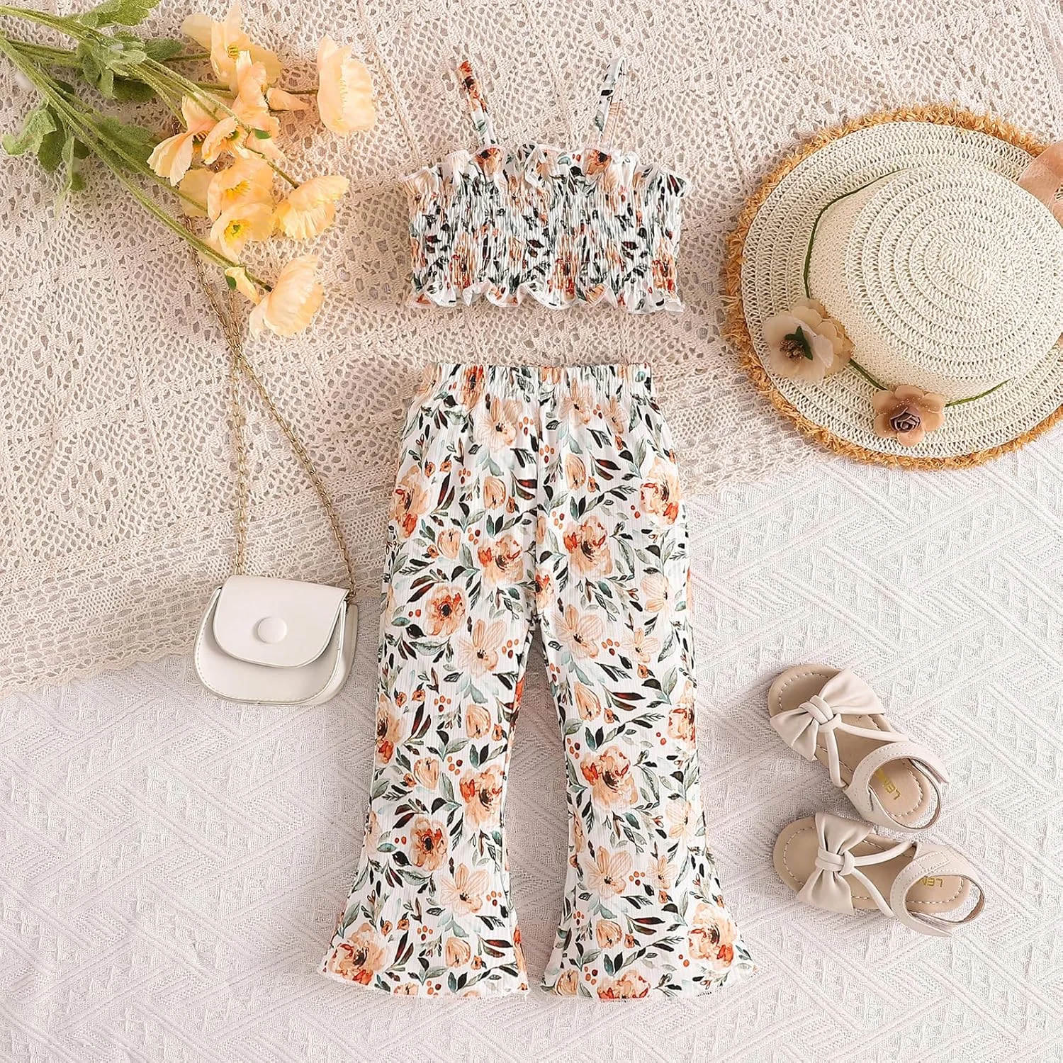 لباس‌های تابستانی دخترانه DuAnyozu، تاپ بدون آستین گلدار و لگینگ دمپا گشاد، لباس‌های هیپی دهه 70 برای کودکان