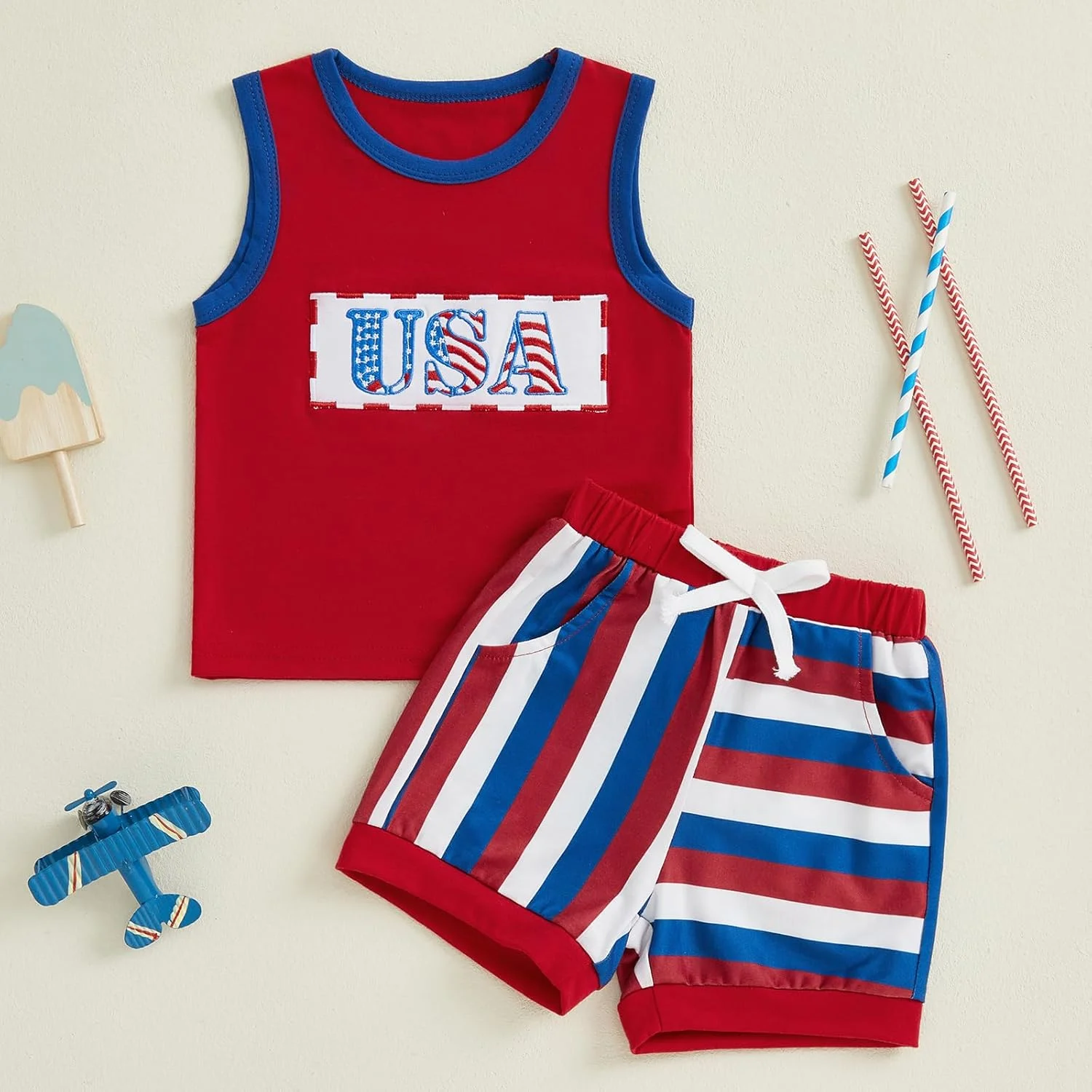 لباس تابستانی پسرانه Gaono برای روز استقلال، تاپ بدون آستین و شورت، ست لباس اولین جشن چهارم جولای لباس تابستانی پسرانه Gaono برای روز استقلال، تاپ بدون آستین و شورت، ست لباس اولین جشن چهارم جولای