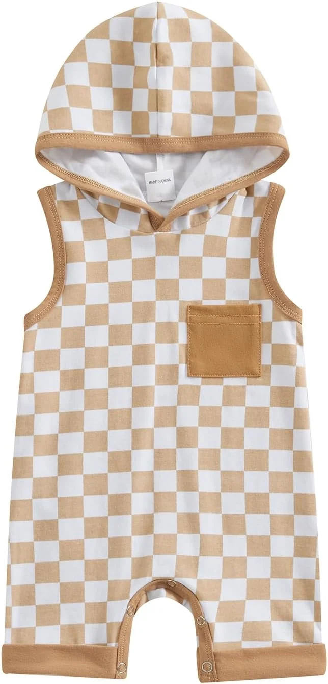 رامپر نوزادی پسرانه بدون آستین Gaono طرح شطرنجی کلاه دار، تاپ تانک نوزادی، لباس یک تکه لباس تابستانی