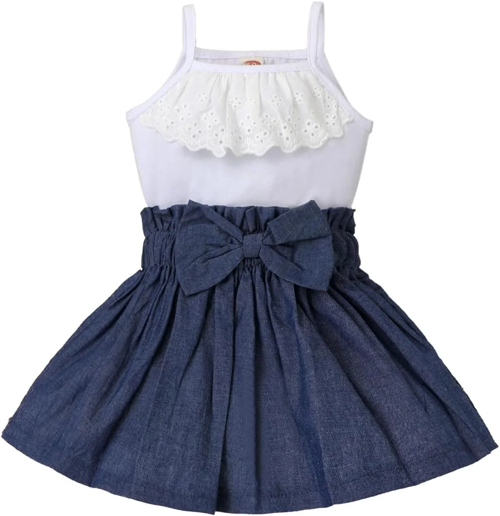 ست لباس دخترانه نوزادی HEOXIN مناسب فصول تابستان و پاییز، شامل تاپ بدون آستین توری و دامن کوتاه پاپیونی ساده، 2 تکه، مناسب برای دختران 3 تا 24 ماهه، آبی