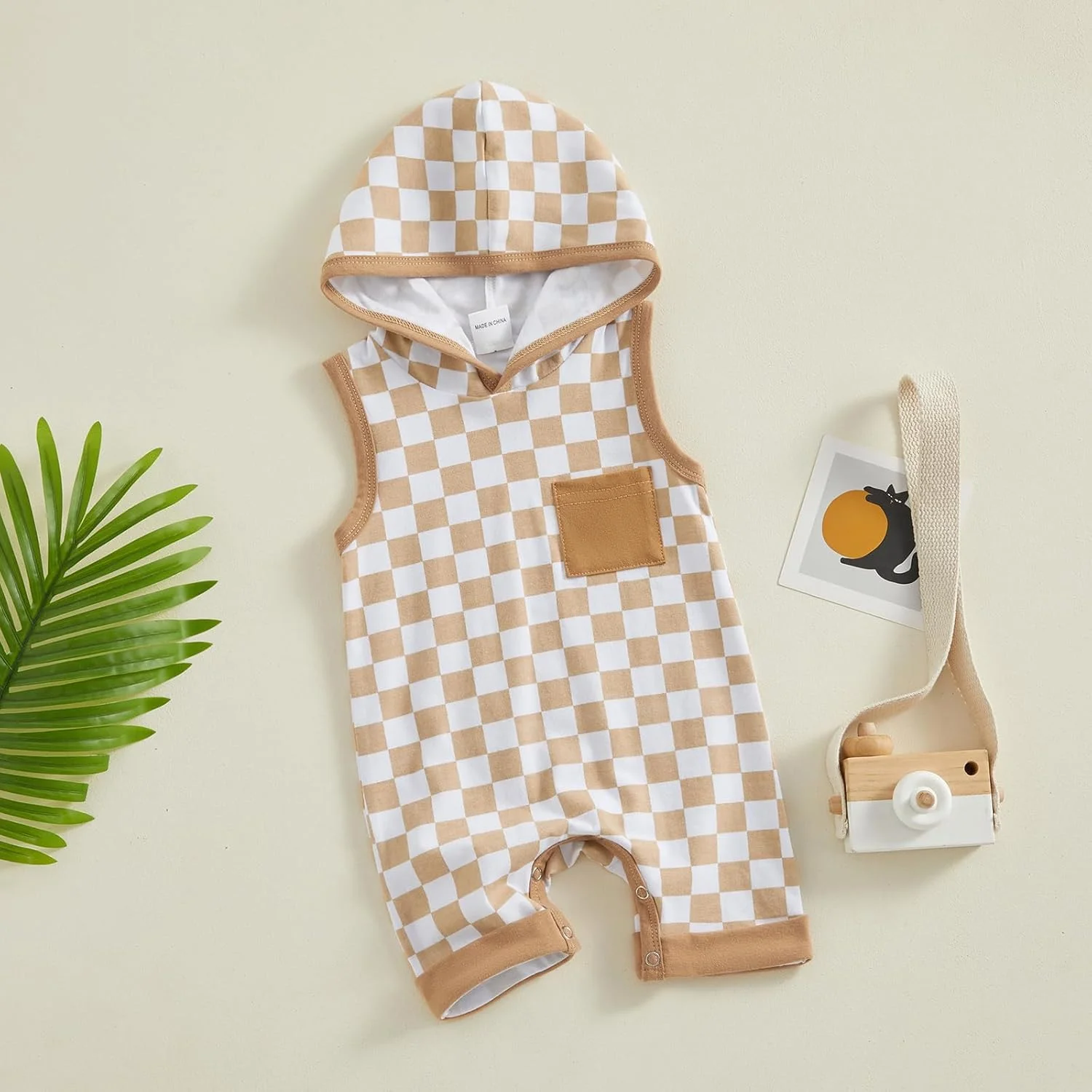 رامپر نوزادی پسرانه بدون آستین Gaono طرح شطرنجی کلاه دار، تاپ تانک نوزادی، لباس یک تکه، لباس تابستانی رامپر نوزادی پسرانه بدون آستین Gaono طرح شطرنجی کلاه دار، تاپ تانک نوزادی، لباس یک تکه، لباس تابستانی