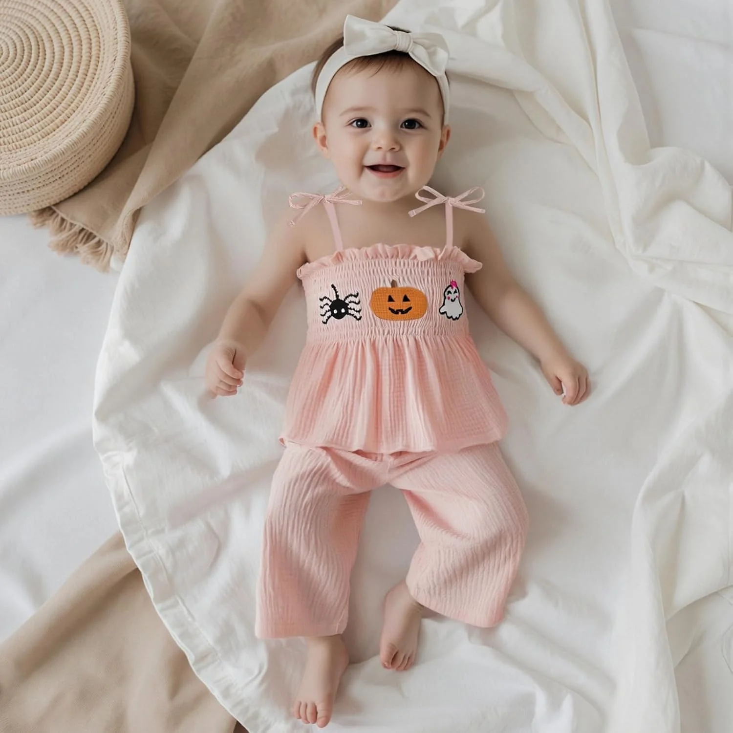 ست لباس هالووین نوزاد دخترانه، تاپ رکابی طرح کدو تنبل و شلوار چهارخانه، لباس پاییزی دخترانه