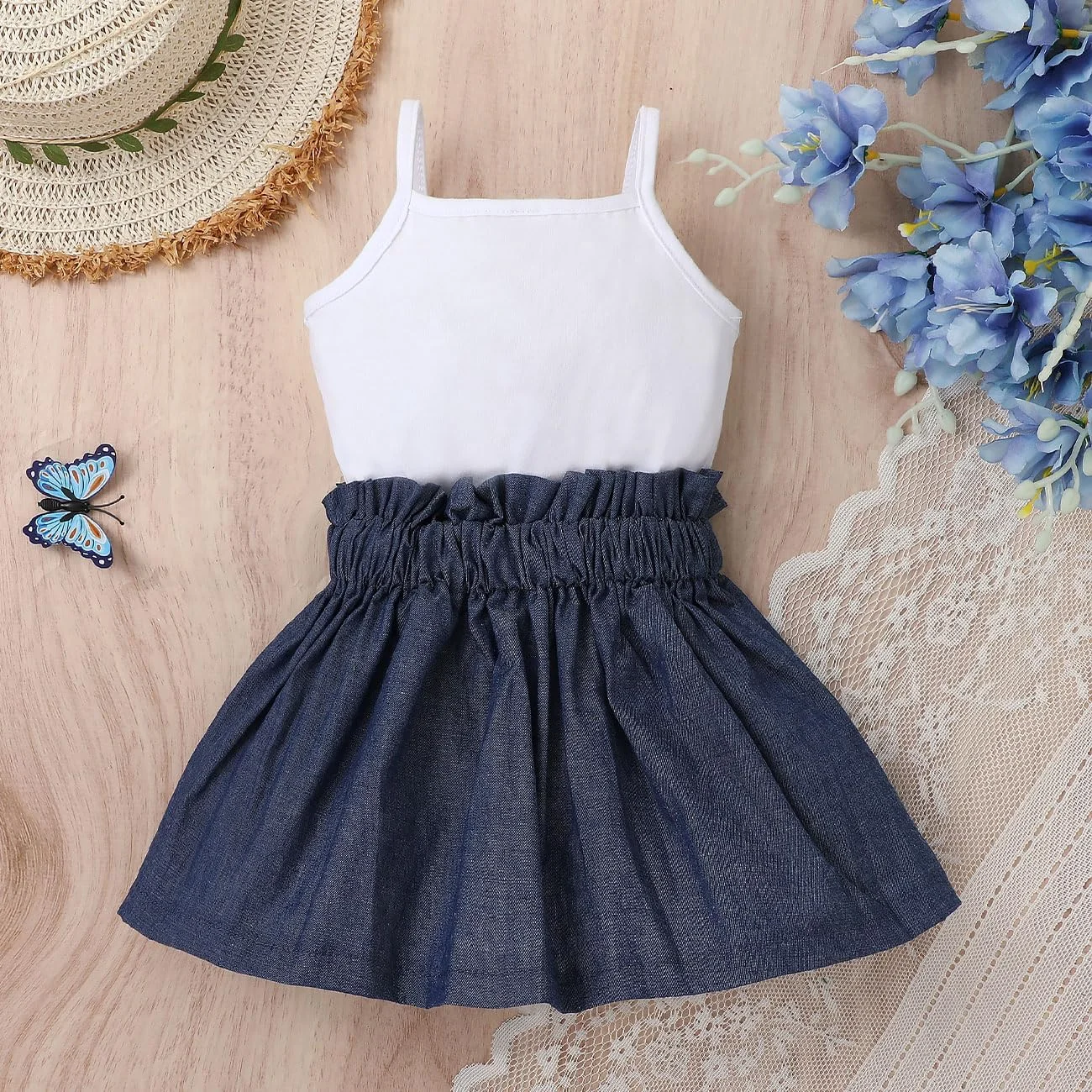 ست لباس دخترانه نوزادی HEOXIN مناسب فصول تابستان و پاییز، شامل تاپ بدون آستین توری و دامن کوتاه پاپیونی ساده، 2 تکه، مناسب برای دختران 3 تا 24 ماهه، آبی ست لباس دخترانه نوزادی HEOXIN مناسب فصول تابستان و پاییز، شامل تاپ بدون آستین توری و دامن کوتاه پاپیونی ساده، 2 تکه، مناسب برای دختران 3 تا 24 ماهه، آبی