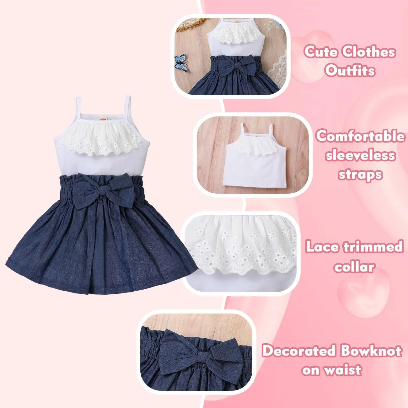 ست لباس دخترانه نوزادی HEOXIN مناسب فصول تابستان و پاییز، شامل تاپ بدون آستین توری و دامن کوتاه پاپیونی ساده، 2 تکه، مناسب برای دختران 3 تا 24 ماهه، آبی ست لباس دخترانه نوزادی HEOXIN مناسب فصول تابستان و پاییز، شامل تاپ بدون آستین توری و دامن کوتاه پاپیونی ساده، 2 تکه، مناسب برای دختران 3 تا 24 ماهه، آبی