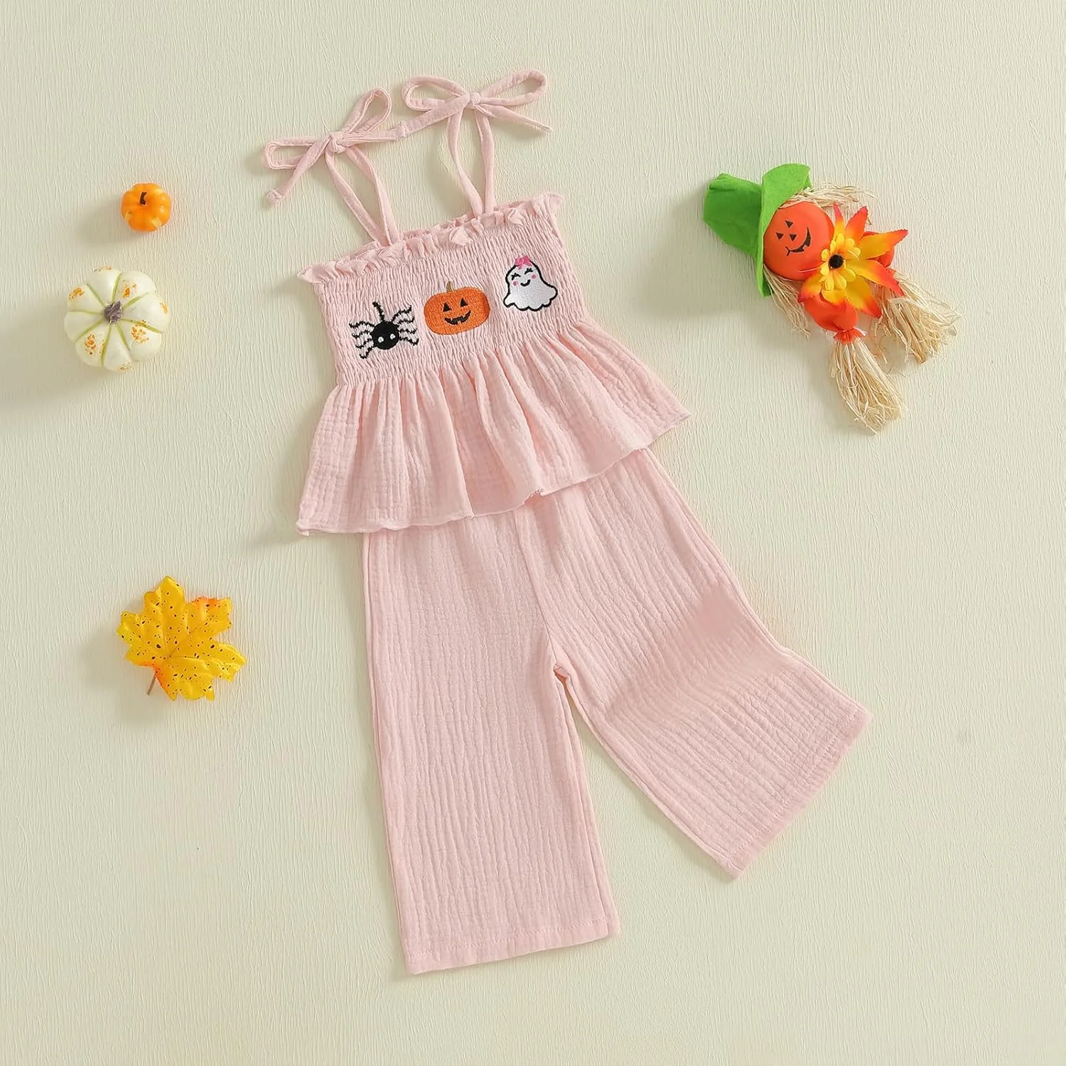 ست لباس هالووین نوزاد دخترانه، تاپ رکابی طرح کدو تنبل و شلوار چهارخانه، لباس پاییزی دخترانه